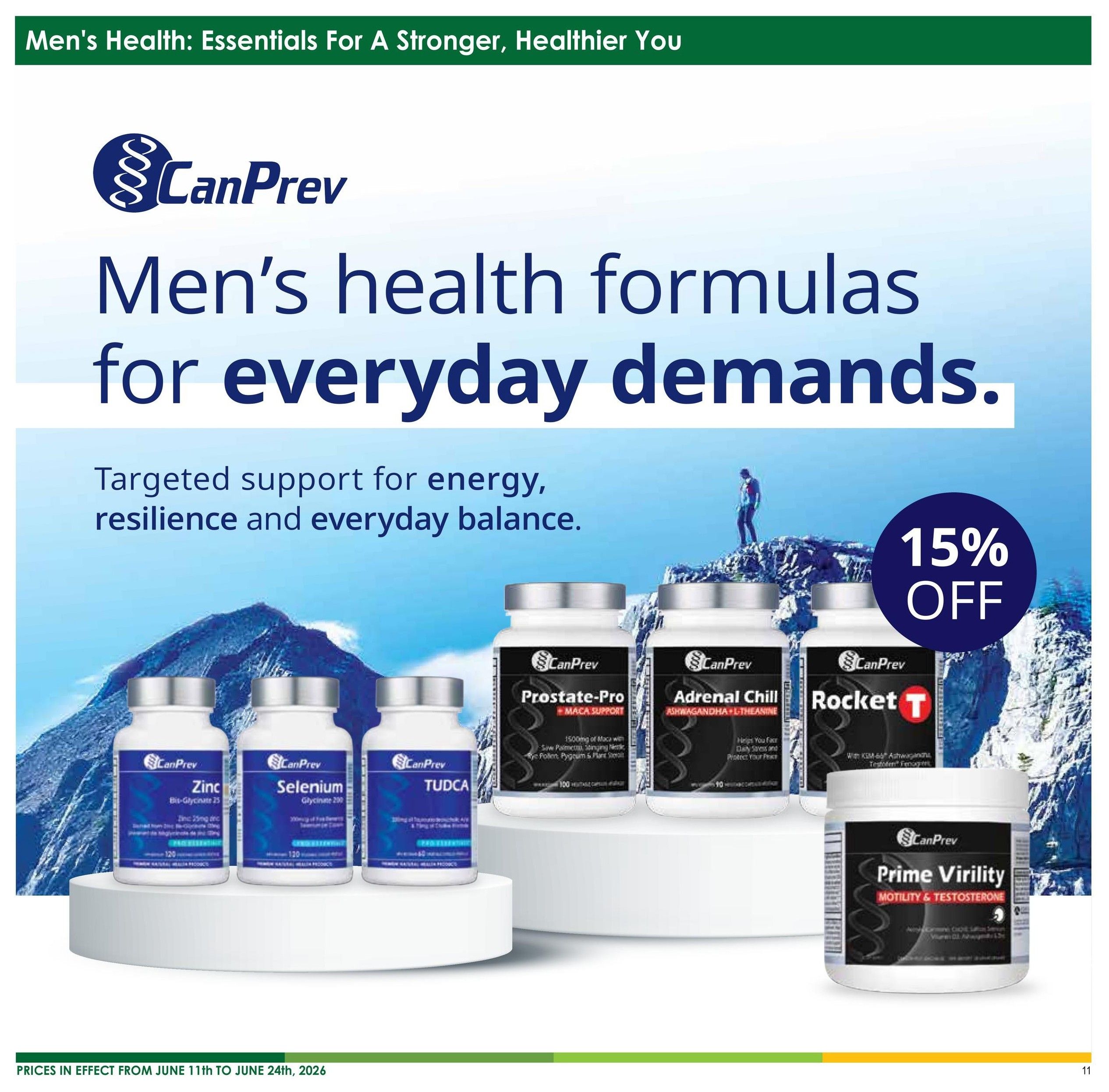 Nature's Emporium flyer page 11, featuring CanPrev men's health formulas for everyday demands, offering targeted support for energy, resilience, and everyday balance. Products shown include CanPrev Zinc Bis-Glycinate 25, CanPrev Selenium Glycinate 200, CanPrev TUDCA, CanPrev Prostate-Pro with Maca Support, CanPrev Adrenal Chill with Ashwagandha & L-Theanine, CanPrev Rocket T, and CanPrev Prime Virility Motility & Testosterone. A prominent '15% OFF' graphic is displayed. Prices are in effect from June 11th to June 24th, 2026.