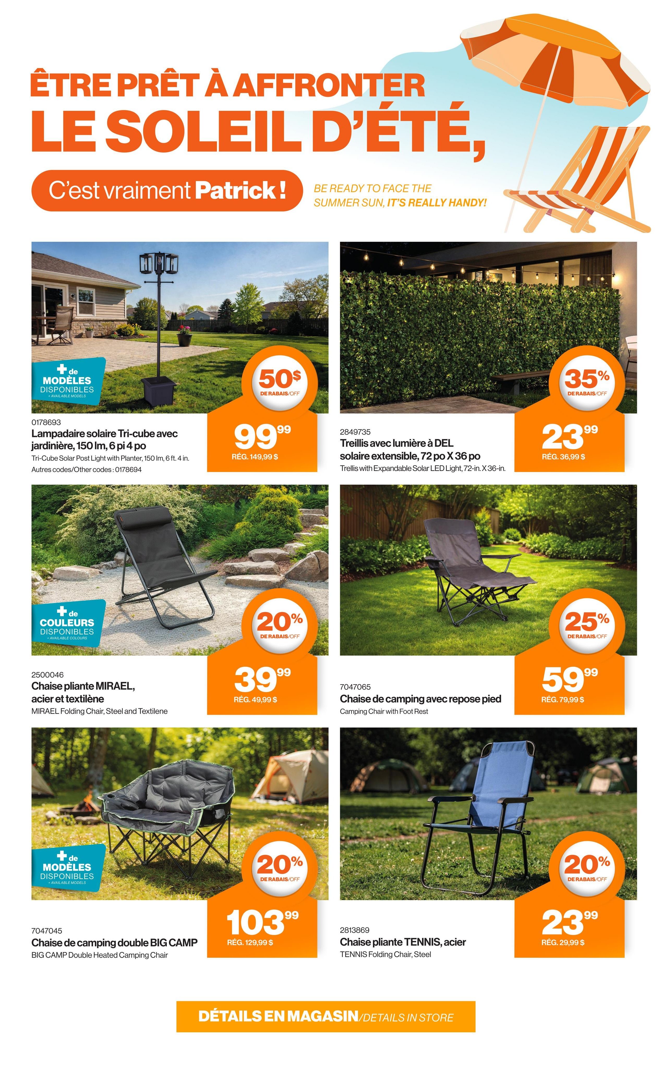 Patrick Morin flyer page 9 features outdoor living and camping gear. Highlighted items include a Tri-cube Solar Post Light with Planter for $99.99 (regularly $149.99), a 72-in. extendable Trellis with Expandable Solar LED Light for $23.99 (regularly $36.99) with 35% off, a MIRABEL Folding Chair in Steel and Textilene for $39.99 (regularly $49.99) with 20% off, a Camping Chair with Foot Rest for $59.99 (regularly $79.99) with 25% off, a BIG CAMP Double Heated Camping Chair for $103.99 (regularly $129.99) with 20% off, and a TENNIS Folding Chair in Steel for $23.99 (regularly $29.99) with 20% off. The page's theme is 'Be Ready to Face the Summer Sun, It's Really Handy!'