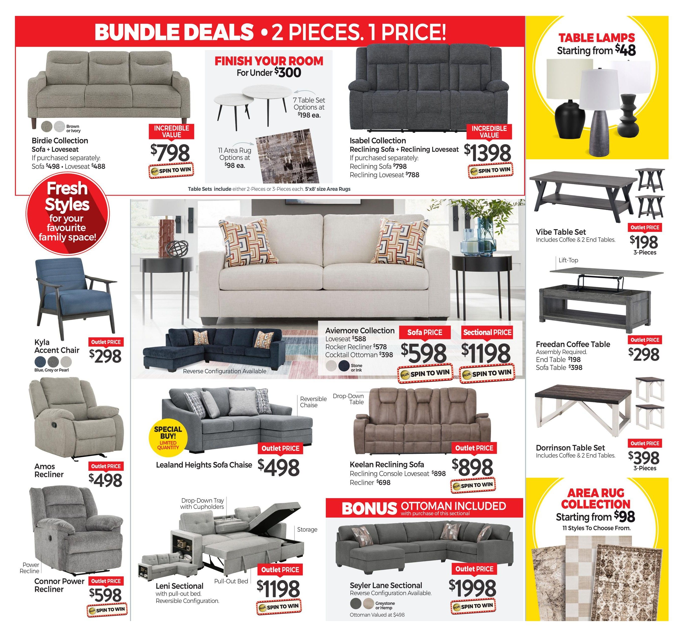 Tepperman's Weekly Flyer Specials Page 11 features 'Bundle Deals - 2 Pieces, 1 Price!' including the Birdie Collection Sofa + Loveseat for $798, with individual pieces priced at $498 for the sofa and $488 for the loveseat. The Isabel Collection Reclining Sofa + Reclining Loveseat is available for $1398, with the sofa at $798 and loveseat at $788 if purchased separately. 'Finish Your Room For Under $300' offers 7 table set options at $98 each and 11 area rug options at $98 each. Featured furniture includes the Kyla Accent Chair in Blue, Grey, or Pearl for $298, the Amos Recliner for $498, and the Connor Power Recliner for $598. The Lealand Heights Sofa Chaise is $498. The Aviemore Collection offers a Loveseat for $588, Rocker Recliner for $578, and Cocktail Ottoman for $398, available in Stone or Ink. The Sectional is priced at $1198. The Leni Sectional with a pull-out bed and reversible configuration is $1198, with a bonus ottoman included. The Keelan Reclining Sofa, including Console Loveseat, is $898, and the Recliner is $698. The 'Bonus Ottoman Included' applies to the Seyler Lane Sectional, priced at $1998, available in Greystone or Hemp, with the ottoman valued at $498. Table Lamps start at $48. The Vibe Table Set, including coffee and 2 end tables, is $198 for the 3-piece set. The Freedan Coffee Table assembly is required, with the End Table at $198 and Sofa Table at $398. The Dorrinson Table Set, including coffee and 2 end tables, is $398 for the 3-piece set. The 'Area Rug Collection' starts at $98 with 11 styles to choose from.