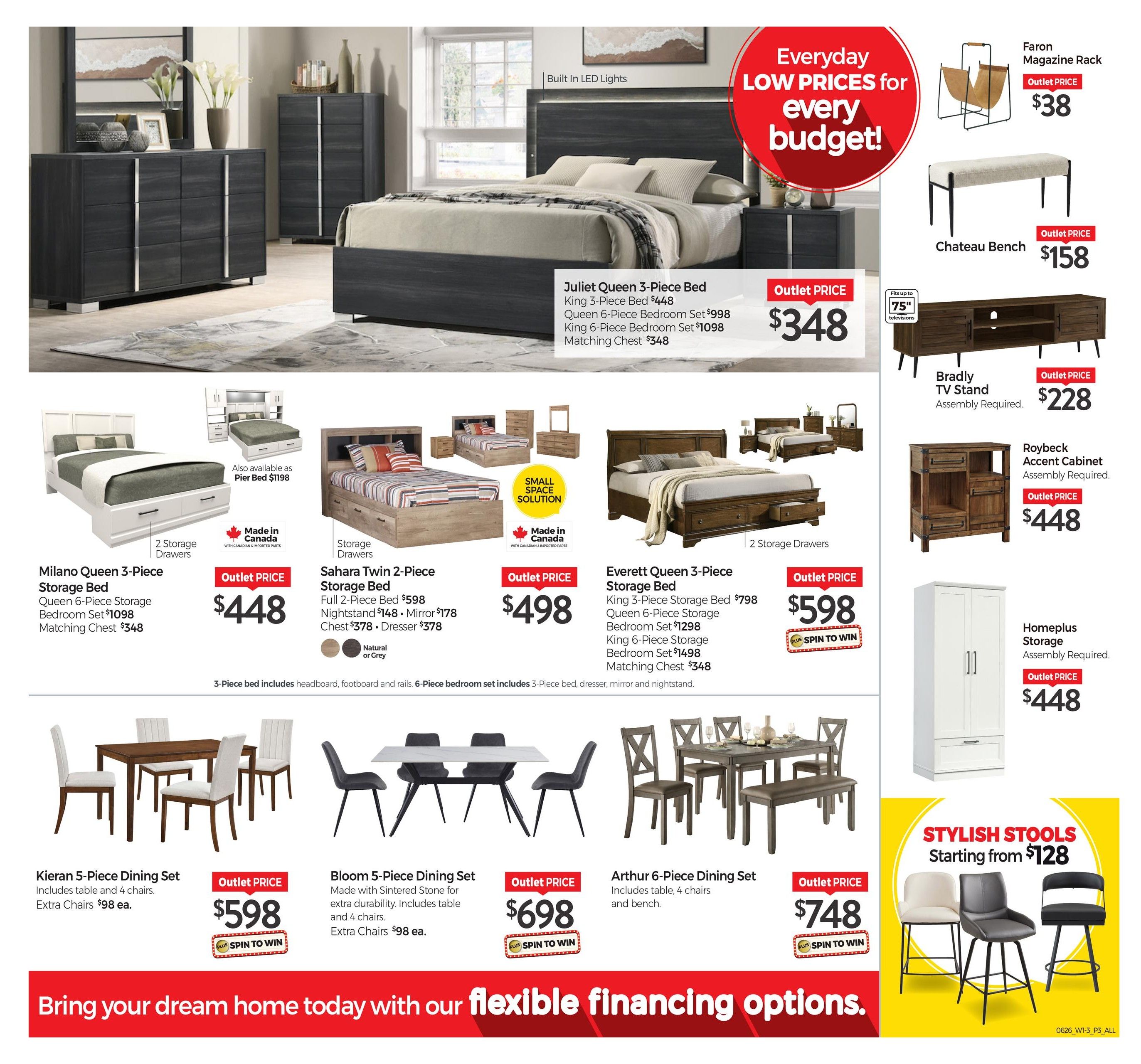 Tepperman's Weekly Flyer Specials Page 12 features bedroom sets, dining sets, and accent furniture. Highlighted items include the Juliet Queen 3-Piece Bed for $348, Milano Queen 3-Piece Storage Bed for $448, and Sahara Twin 2-Piece Storage Bed for $498. The Everett Queen 3-Piece Storage Bed is priced at $598. Also available are matching chests starting at $348. Living room and storage solutions include the Faron Magazine Rack for $38, Chateau Bench for $158, Bradly TV Stand for $228, Roybeck Accent Cabinet for $448, and Homeplus Storage unit for $448. Dining sets featured are the Kieran 5-Piece Dining Set for $598, Bloom 5-Piece Dining Set for $698, and Arthur 6-Piece Dining Set for $748. Stylish stools start from $128. The flyer also promotes flexible financing options.