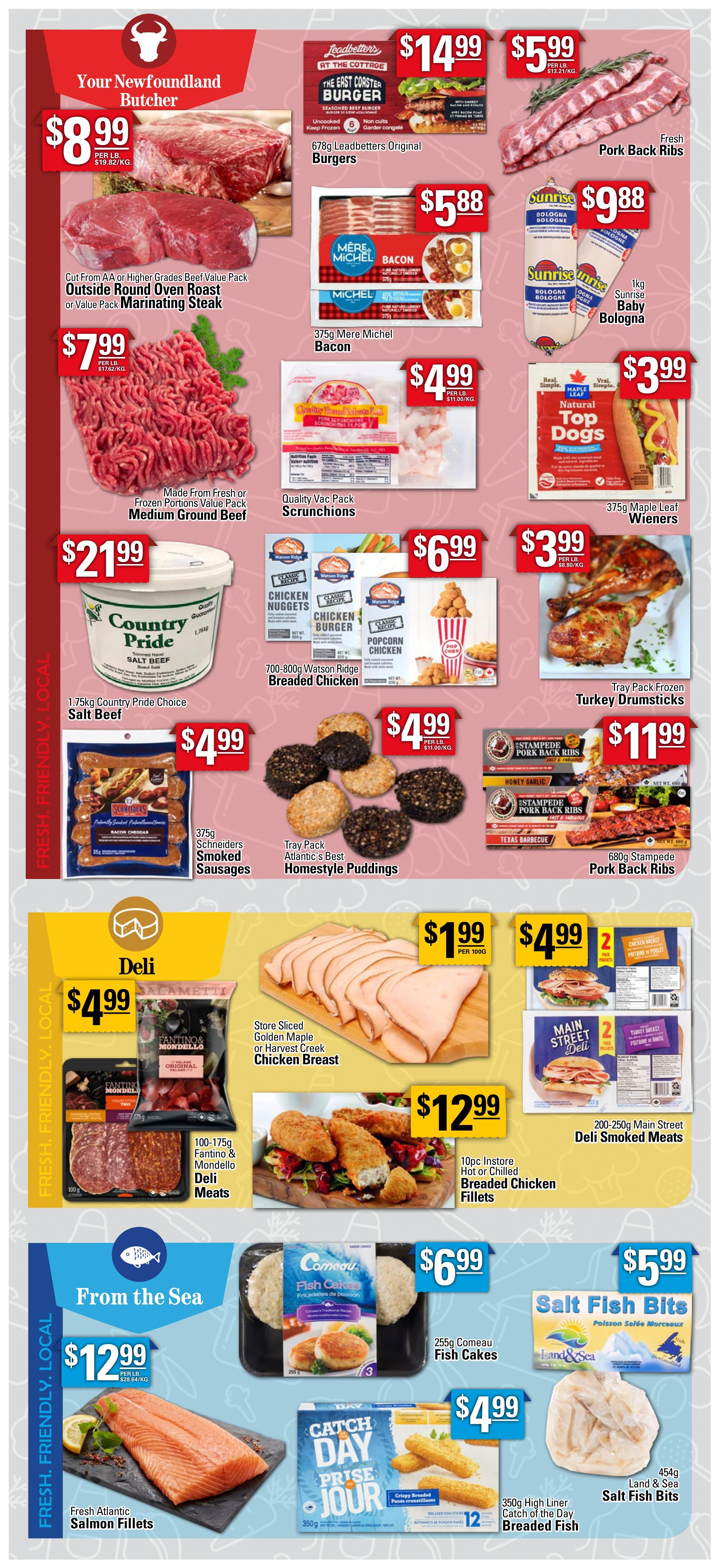 Powell's Supermarket weekly flyer specials page 3. Featuring 'Your Newfoundland Butcher' section with Outside Round Oven Roast or Value Pack Marinating Steak for $8.99 per lb, Made From Fresh or Frozen Portions Value Pack Medium Ground Beef for $7.99 per lb, and 1.75kg Country Pride Choice Salt Beef for $21.99. Also available are 678g Leadbetter's Original Burgers for $14.99, 375g Mère Michel Bacon for $5.88, 1kg Sunrise Baby Bologna for $9.88, Quality Vac Pack Scunchions for $4.99, 375g Maple Leaf Wieners for $3.99, 700-800g Watson Ridge Breaded Chicken products (Nuggets, Burger, Popcorn Chicken) for $6.99, Tray Pack Frozen Turkey Drumsticks for $3.99, 375g Schneiders Smoked Sausages for $4.99, Tray Pack Atlantic's Best Homestyle Puddings for $4.99, and 680g Stampede Pork Back Ribs for $11.99. The 'Deli' section offers Store Sliced Golden Maple or Harvest Creek Chicken Breast for $1.99 per 100g, 100-175g Fantino & Mondello Deli Meats for $4.99, 200-250g Main Street Deli Smoked Meats for $4.99, and 10pc Instore Hot or Chilled Breaded Chicken Fillets for $12.99. 'From the Sea' features Fresh Atlantic Salmon Fillets for $12.99 per lb, 255g Comeau Fish Cakes for $6.99, 350g High Liner Catch of the Day Breaded Fish for $4.99, and 454g Land & Sea Salt Fish Bits for $5.99.
