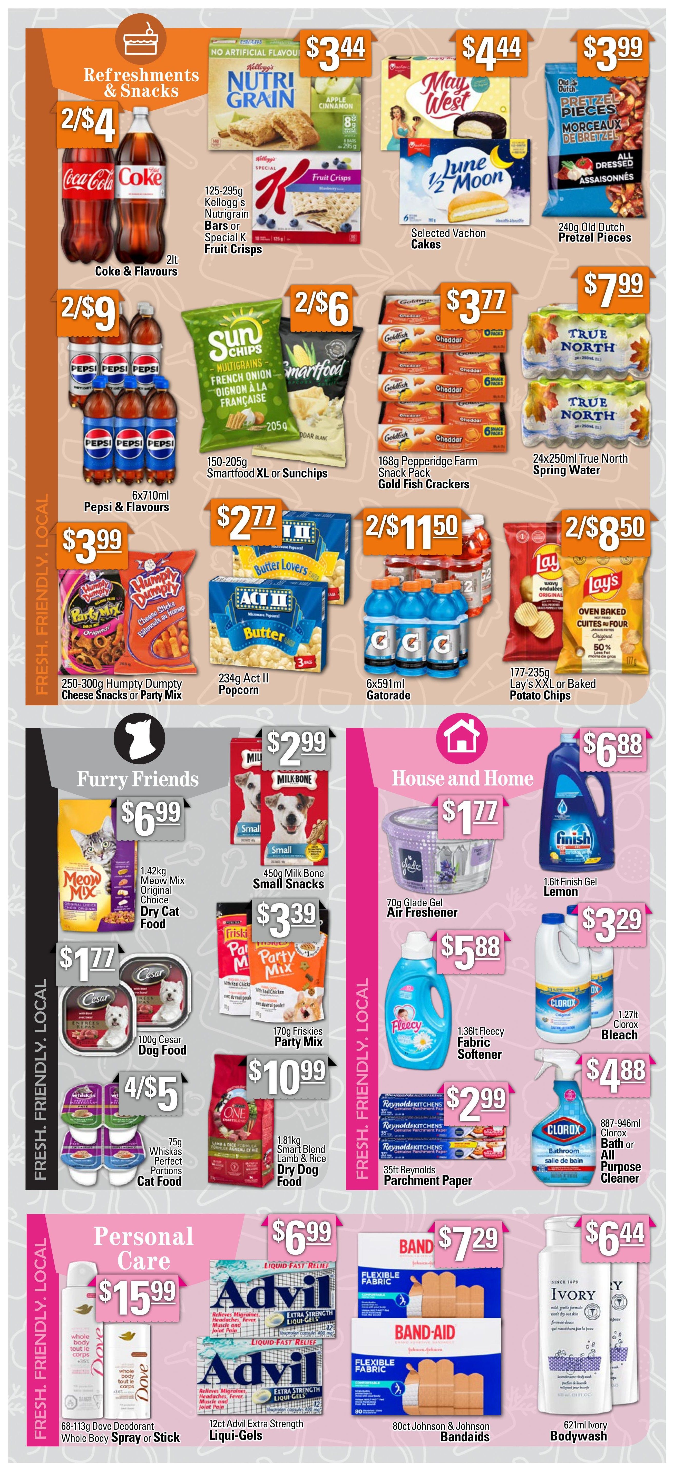 Powell's Supermarket weekly flyer specials, page 6. Refreshments & Snacks include Coke & Flavours 2/$4, 6x710ml Pepsi & Flavours 2/$9, 125-295g Kellogg's Nutrigrain Bars or Special K Fruit Crisps $3.44, Selected Vachon Cakes $4.44, 240g Old Dutch Pretzel Pieces $3.99. Snacks include 150-205g Smartfood XL or Sunchips 2/$6, 168g Pepperidge Farm Snack Pack Gold Fish Crackers $3.77, 24x250ml True North Spring Water $7.99, 250-300g Humpty Dumpty Cheese Snacks or Party Mix $3.99, 234g Act II Popcorn $2.77, 6x591ml Gatorade 2/$11.50, 177-235g Lay's XXL or Baked Potato Chips 2/$8.50. Furry Friends pet products include 1.42kg Meow Mix Original Choice Dry Cat Food $6.99, 450g Milk Bone Small Snacks $2.99, 100g Cesar Dog Food $1.77, 170g Friskies Party Mix $3.39, 75g Whiskas Perfect Portions Cat Food 4/$5, 1.81kg Smart Blend Lamb & Rice Dry Dog Food $10.99. House and Home items include 70g Glade Gel Air Freshener $1.77, 1.6lt Finish Gel Lemon $6.88, 1.36lt Fleecy Fabric Softener $5.88, 1.27lt Clorox Bleach $4.88, 35ft Reynolds Parchment Paper $2.99. Personal Care includes 68-113g Dove Deodorant Whole Body Spray or Stick $15.99, 12ct Advil Extra Strength Liquid-Gels $6.99, 80ct Johnson & Johnson Bandaids $7.29, 621ml Ivory Bodywash $6.44.