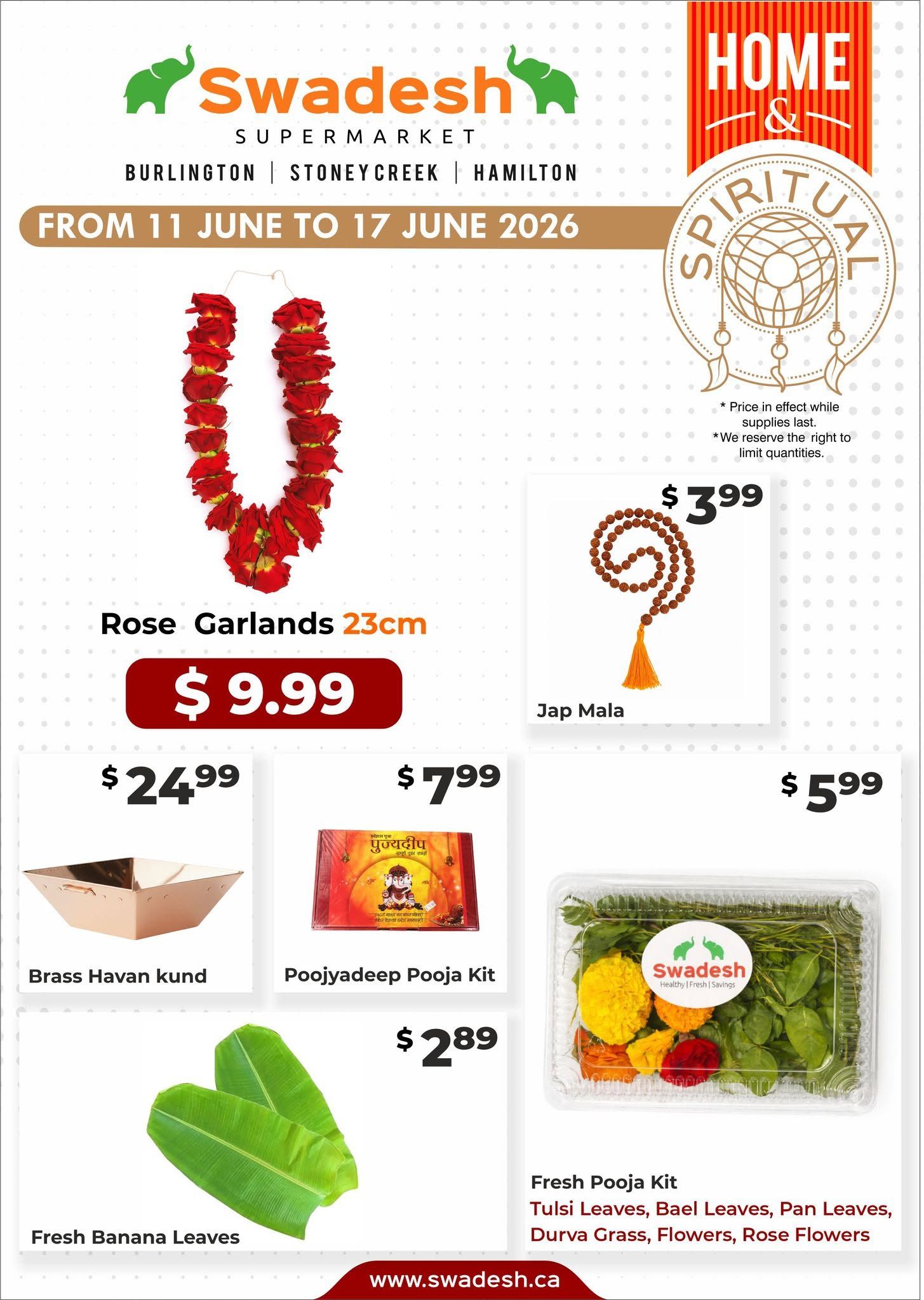 Swadesh Supermarket flyer page 2, featuring spiritual and pooja items from June 11 to June 17, 2026. Offers include Rose Garlands 23cm for $9.99, Jap Mala for $3.99, Brass Havankund for $24.99, Poojyadeep Pooja Kit for $7.99, Fresh Banana Leaves for $2.89, and a Fresh Pooja Kit containing Tulsi Leaves, Bael Leaves, Pan Leaves, Durva Grass, Flowers, and Rose Flowers.