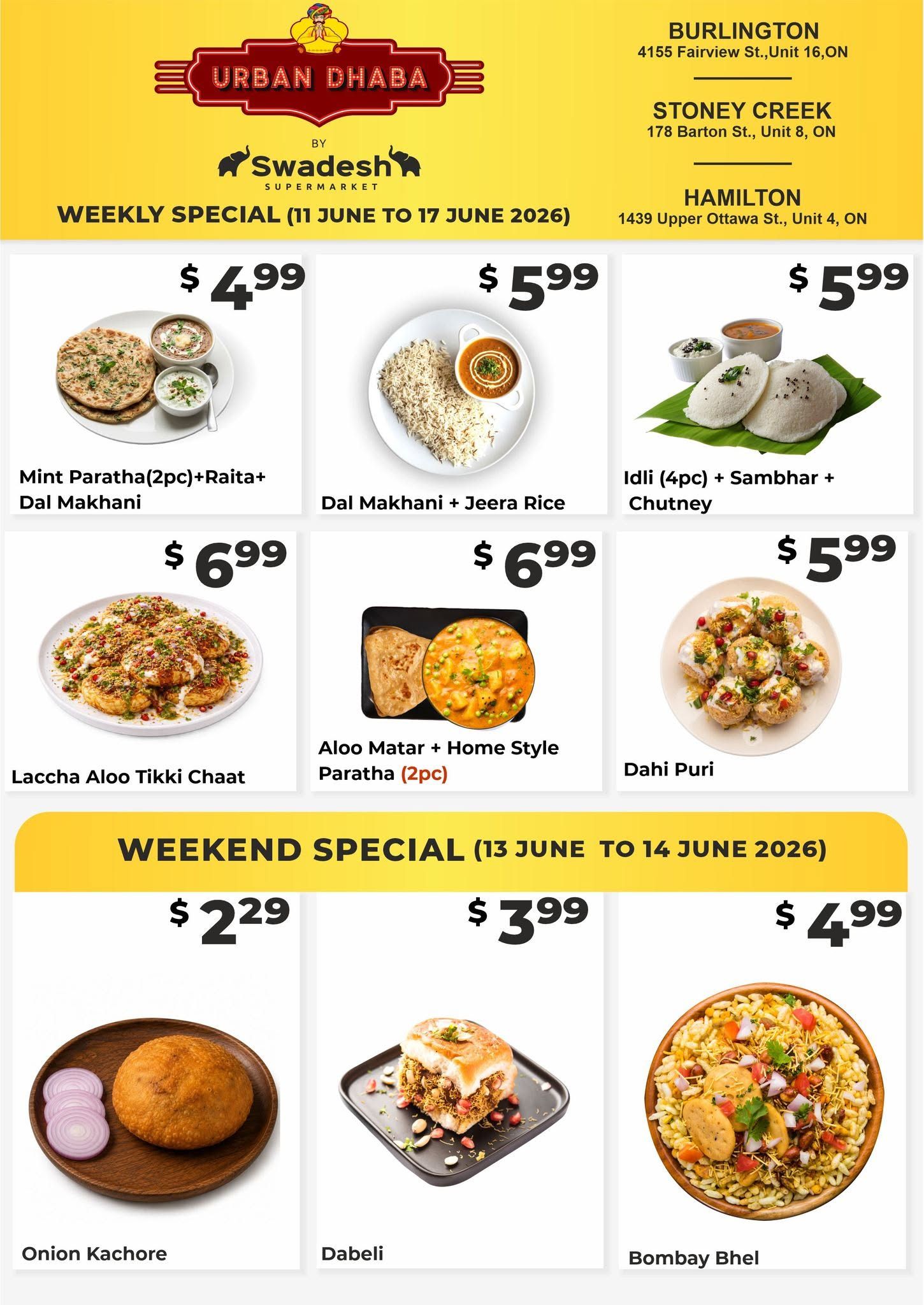 Swadesh Supermarket weekly specials flyer, page 5, featuring Urban Dhaba by Swadesh Supermarket. Weekly specials valid from June 11 to June 17, 2026. Items include Mint Paratha (2pc) with Raita and Dal Makhani for $4.99, Dal Makhani with Jeera Rice for $5.99, and Idli (4pc) with Sambhar and Chutney for $5.99. Also featured are Laccha Aloo Tikki Chaat for $6.99, Aloo Matar with Home Style Paratha (2pc) for $6.99, and Dahi Puri for $5.99. Weekend specials valid from June 13 to June 14, 2026, include Onion Kachore for $2.29, Dabeli for $3.99, and Bombay Bhel for $4.99.