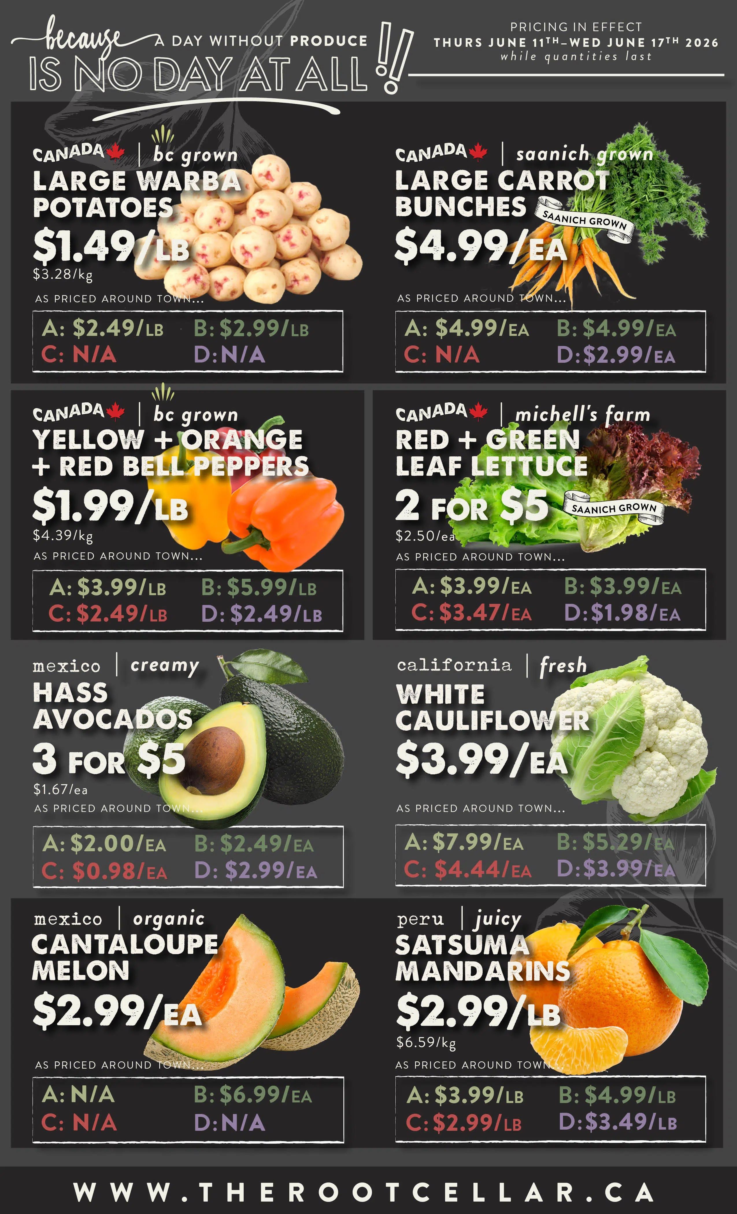 The Root Cellar weekly flyer specials for June 11th to June 17th, 2026. Featured produce includes BC grown large Warba potatoes for $1.49/lb, Saanich grown large carrot bunches for $4.99/ea, BC grown yellow, orange, and red bell peppers for $1.99/lb, and Michell's Farm red and green leaf lettuce for 2 for $5. Also available are creamy Hass avocados, 3 for $5, fresh California white cauliflower for $3.99/ea, organic cantaloupe melon from Mexico for $2.99/ea, and juicy Satsuma mandarins from Peru for $2.99/lb. Prices are effective while quantities last.