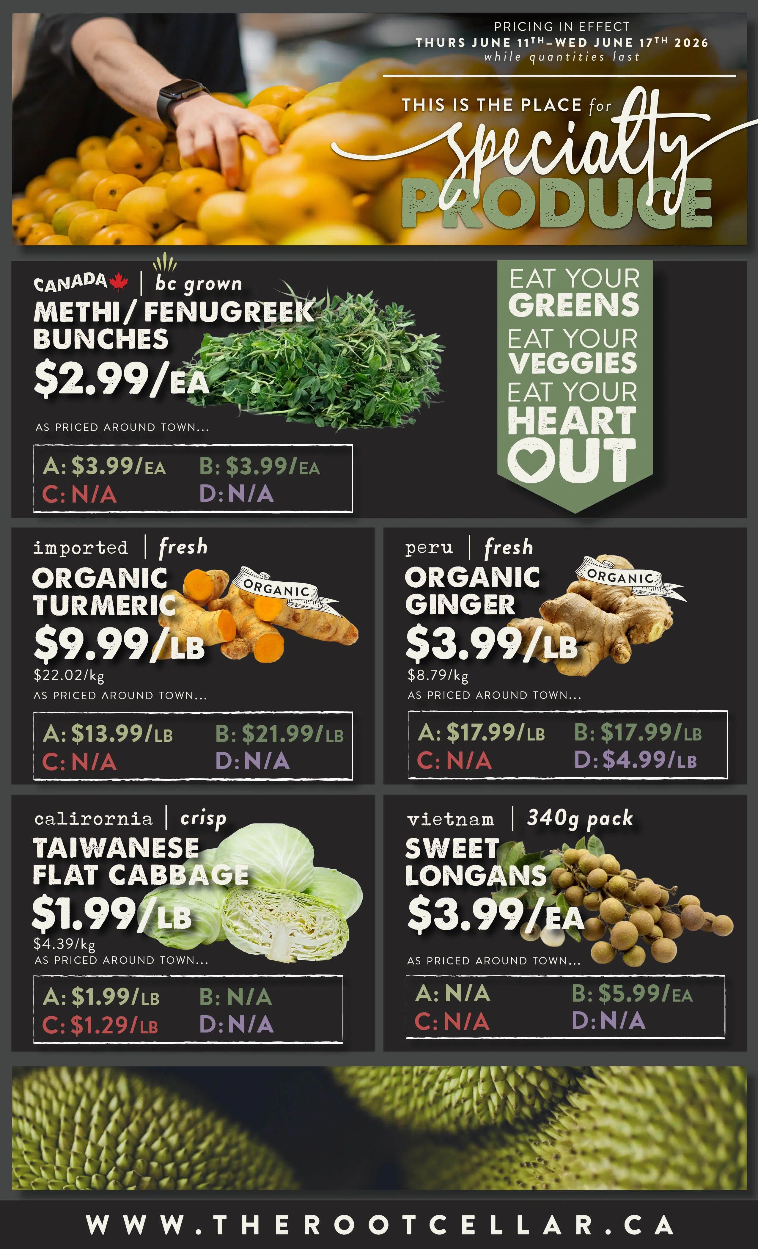 The Root Cellar weekly flyer specials page 3, featuring 'This is the place for specialty produce'. On sale are BC grown Methi/Fenugreek Bunches for $2.99/ea. Imported fresh Organic Turmeric is $9.99/lb. Fresh Organic Ginger from Peru is $3.99/lb. Crisp Taiwanese Flat Cabbage from California is $1.99/lb, with a special price of $1.29/lb. Vietnam Sweet Longans, a 340g pack, are $3.99/ea. Pricing is in effect from Thursday, June 11th to Wednesday, June 17th, 2026, while quantities last.