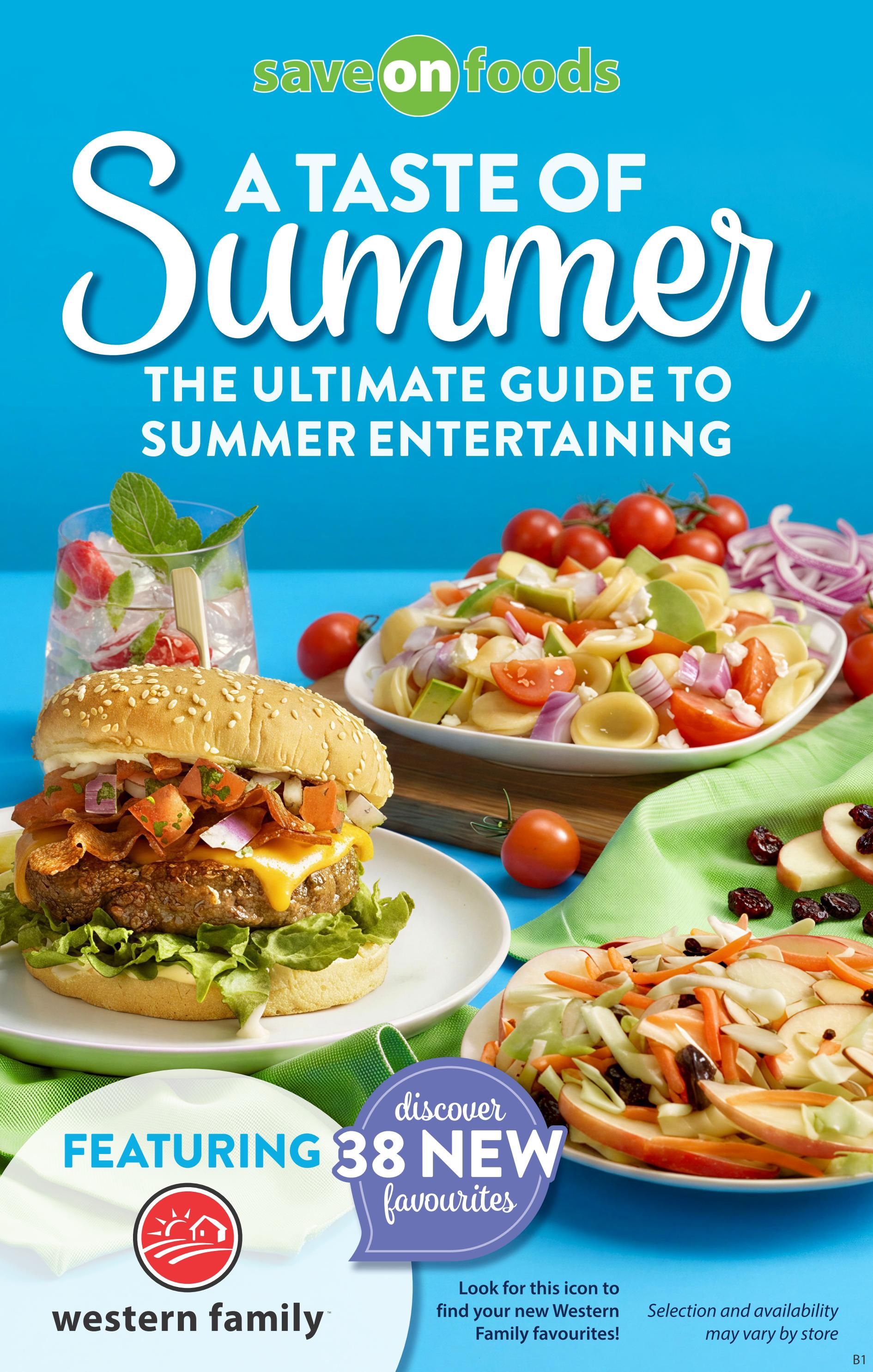Save-On-Foods flyer cover page titled 'A Taste of Summer: The Ultimate Guide to Summer Entertaining'. The page features images of a gourmet burger, a pasta salad with tomatoes and avocado, and a coleslaw with apples and cranberries. It highlights 'Discover 38 NEW favourites' and features the Western Family brand. Text indicates that selection and availability may vary by store.