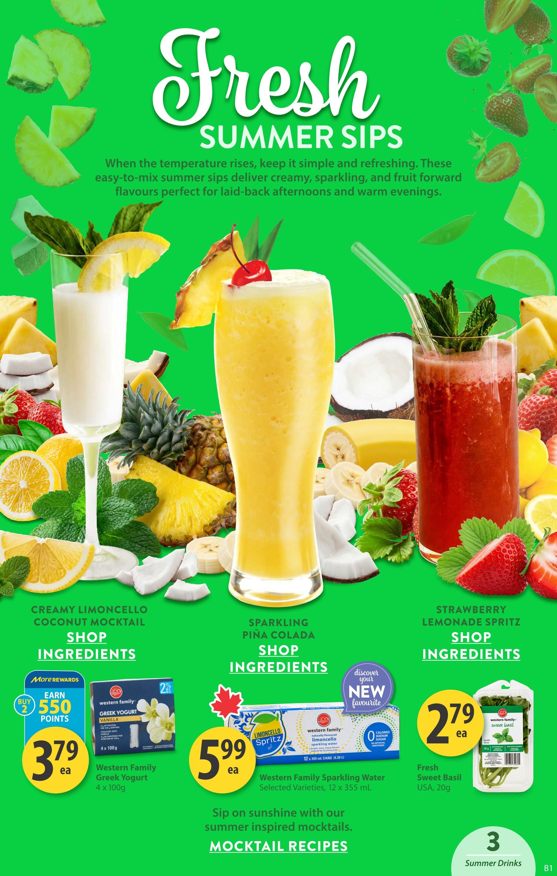 Save-On-Foods Alberta flyer, page 4, featuring 'Fresh Summer Sips' mocktail recipes. The page showcases three mocktail recipes: Creamy Limoncello Coconut Mocktail, Sparkling Piña Colada, and Strawberry Lemonade Spritz. Below the recipes, there are product offers including Western Family Greek Yogurt, 4 x 100g, for $3.79 with an offer to earn 550 More Rewards points when you buy 2. Also featured is Western Family Sparkling Water, Selected Varieties, 12 x 355 mL, for $5.99. Finally, Fresh Sweet Basil from the USA, 20g, is available for $2.79. The page also highlights 'Mocktail Recipes' and 'Discover your NEW favourite' with a '3 Summer Drinks' graphic.