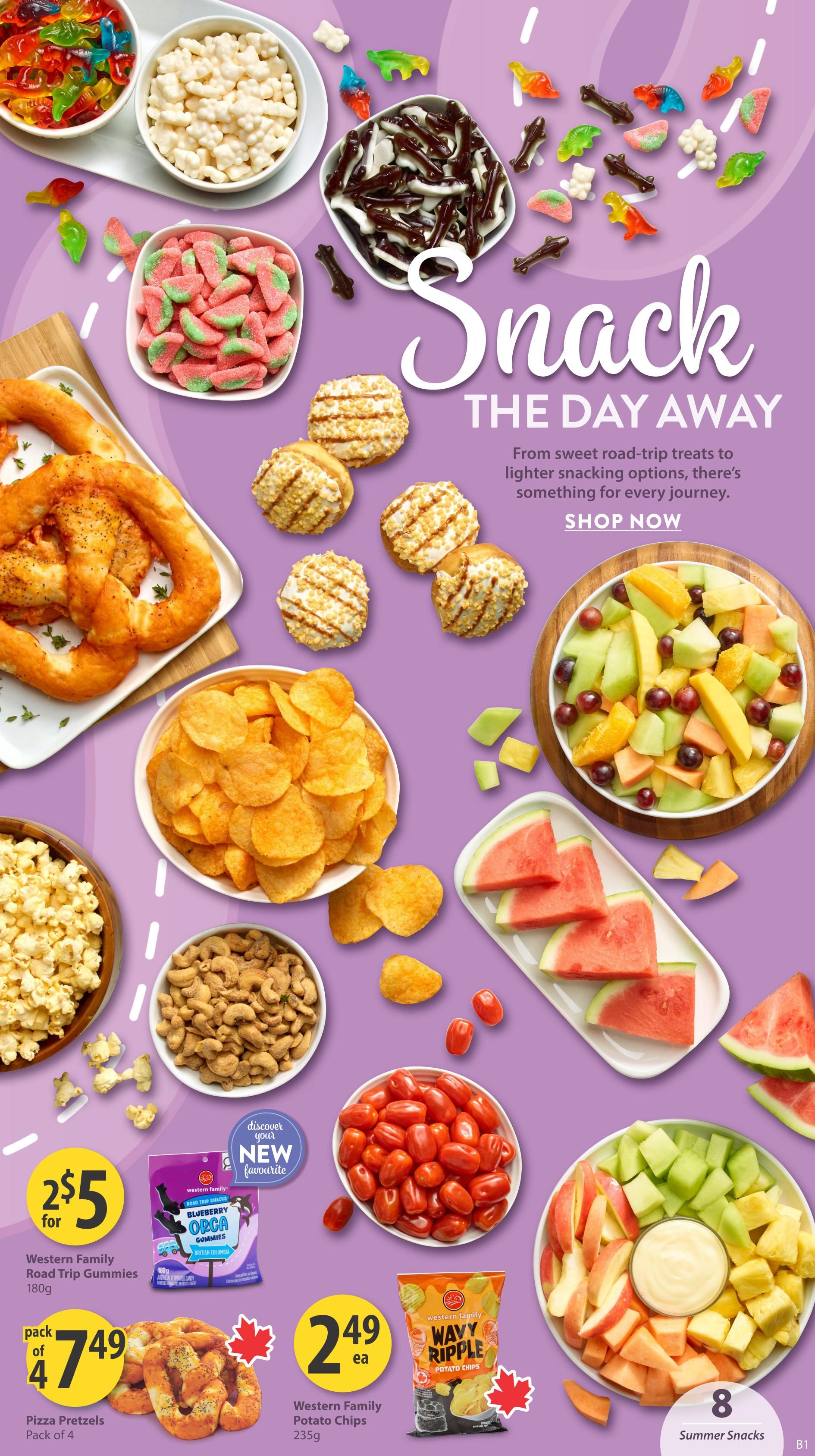 Save-On-Foods flyer page 9 features a 'Snack The Day Away' theme with various road-trip friendly treats. Pictured are bowls of gummy dinosaurs, gummy bears, watermelon-shaped gummies, chocolate-covered pretzels, and cheese puffs. Also featured are large pretzels, popcorn, cashews, cherry tomatoes, and a fruit platter with melon, pineapple, grapes, and oranges. Special offers include Western Family Road Trip Gummies, 2 for $5, and Western Family Potato Chips, $2.49 each for a 235g bag. Pizza Pretzels are available in a pack of 4 for $7.49. The page highlights 'discover your new favourite' with the Western Family Blueberry Orca Gummies.