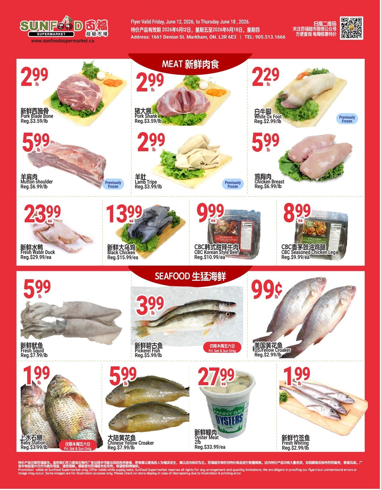Sunfood Supermarket weekly flyer specials, page 4. Meat specials include Pork Blade Bone for $2.99/lb (regular $3.59/lb), Pork Shank for $2.99/lb (regular $3.59/lb), White Ox Foot for $2.29/lb (regular $2.99/lb), Mutton Shoulder for $5.99/lb (regular $6.99/lb), Lamb Tripe for $2.99/lb (regular $3.99/lb), and Chicken Breast for $5.99/lb (regular $6.99/lb). Also featured are Fresh Water Duck for $23.99 each (regular $29.99/ea), Fresh Black Chicken for $13.99 each (regular $15.99/ea), CBC Korean Style Beef for $9.99 each (regular $10.99/ea), and CBC Seasoned Chicken Leg for $8.99 each (regular $9.99/ea). Seafood specials include Fresh Squid for $5.99/lb, Pickerel Fish for $3.99/lb (Fri, Sat & Sun only), US Yellow Croaker for $0.99/lb (regular $2.99/lb), Baby Station fish for $1.99/lb (Fri, Sat & Sun only), Chinese Yellow Croaker for $5.99/lb (regular $7.99/lb), and Fanny Bay Oyster Meat for $27.99 each (regular $33.99/ea). Fresh Whiting is also available for $1.99/lb (regular $2.99/lb).