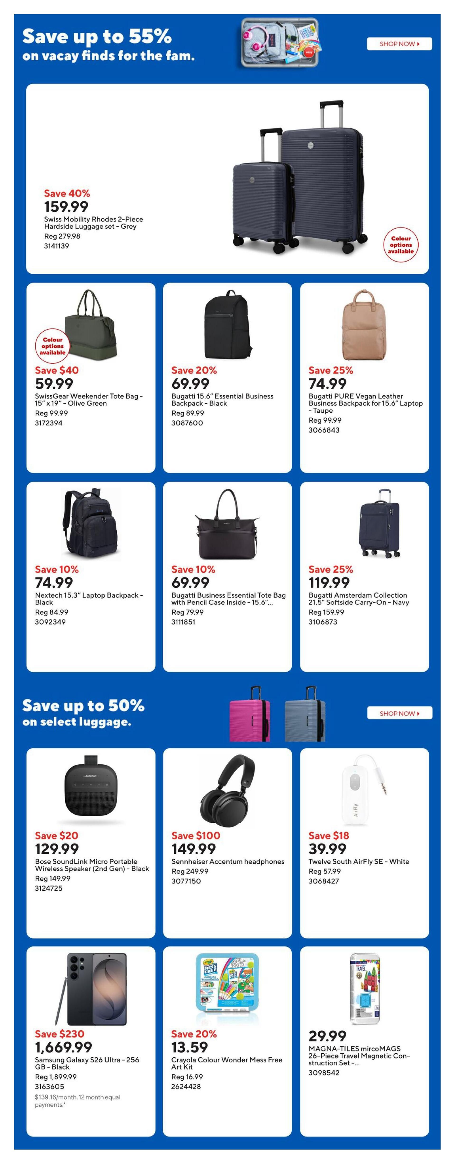Staples Weekly Flyer Specials Page 3: Save up to 55% on vacation finds. Featured items include Swiss Mobility Rhodes 2-Piece Hardside Luggage set in Grey for $159.99 (save 40%), SwissGear Weekender Tote Bag in Olive Green for $59.99 (colour options available), Bugatti 15.6' Essential Business Backpack in Black for $69.99 (save 20%), Bugatti PURE Vegan Leather Business Backpack for 15.6' Laptop in Taupe for $74.99 (save 25%). Also on sale is the Nextech 15.3' Laptop Backpack in Black for $74.99 (save 10%), Bugatti Business Essential Tote Bag with Pencil Case for 15.6' in Black for $69.99 (save 20%), and Bugatti Amsterdam Collection 21.5' Softside Carry-On in Navy for $119.99 (save 25%). Further savings up to 50% on select luggage. Featured luggage includes a pink suitcase and a navy suitcase. Electronics on sale: Bose SoundLink Micro Portable Wireless Speaker (2nd Gen) in Black for $129.99 (save $20), Sennheiser Accentum headphones for $149.99 (save $100), and Twelve South AirFly SE in White for $39.99 (save $18). Also available is the Samsung Galaxy S26 Ultra - 256 GB - Black for $1,669.99 with equal payments of $139.16/month (save $230). Kids' items include Crayola Colour Wonder Mess Free Art Kit for $13.59 (save 20%) and MAGNA-TILES mircoMAGS 26-Piece Travel Magnetic Construction Set for $29.99.
