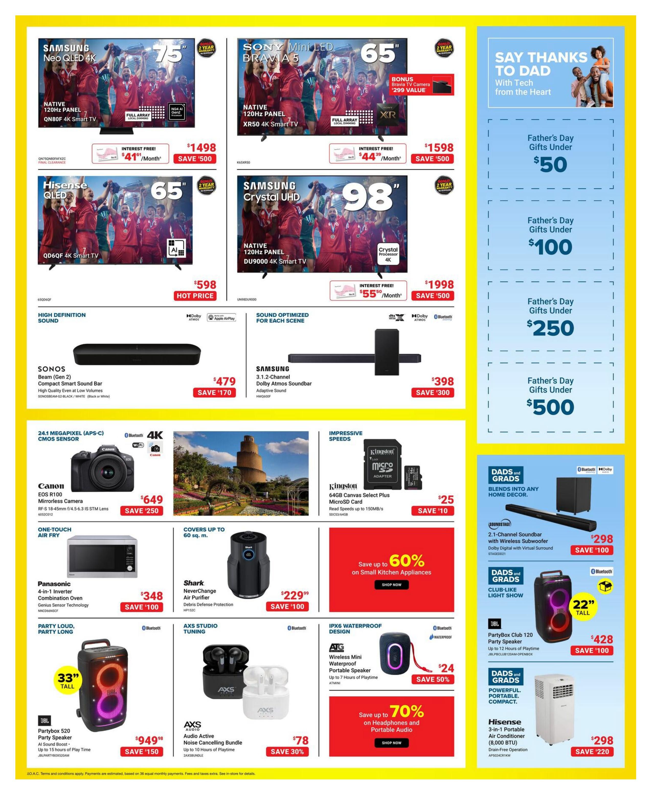 Visions Electronics weekly flyer specials page 2 features a selection of electronics and home appliances. Highlighted TVs include the Samsung Neo QLED 4K 75' Smart TV for $1498 (save $500), Sony Mini LED BRAVIA 5 65' Smart TV with a bonus Bravia TV camera valued at $299 for $1598 (save $500), and Samsung Crystal UHD 98' Smart TV for $1998 (save $500). Audio options include the SONOS Beam Gen 2 Compact Smart Sound Bar for $479 (save $170) and a Samsung 3.1.2-Channel Dolby Atmos Soundbar for $398 (save $300). Cameras featured are the Canon EOS R100 Mirrorless Camera with RF-S 18-45mm lens for $649 (save $250). Kitchen and home appliances include the Panasonic 4-in-1 Inverter Combination Oven for $348 (save $100), Shark NeverChange Air Purifier for $229.99 (save $100), and a Hisense 3-in-1 Portable Air Conditioner for $298 (save $220). Other items include the Kingston 64GB Canvas Select Plus microSD Card for $25 (save $10), JBL PartyBox 520 Party Speaker for $949.98 (save $150), AXS Audio Active Noise Cancelling Bundle for $78 (save 30%), and an ATG Wireless Mini Waterproof Portable Speaker for $24 (save 50%). The page also promotes Father's Day gifts under $50, $100, $250, and $500, as well as savings up to 60% on small kitchen appliances and up to 70% on headphones and portable audio.