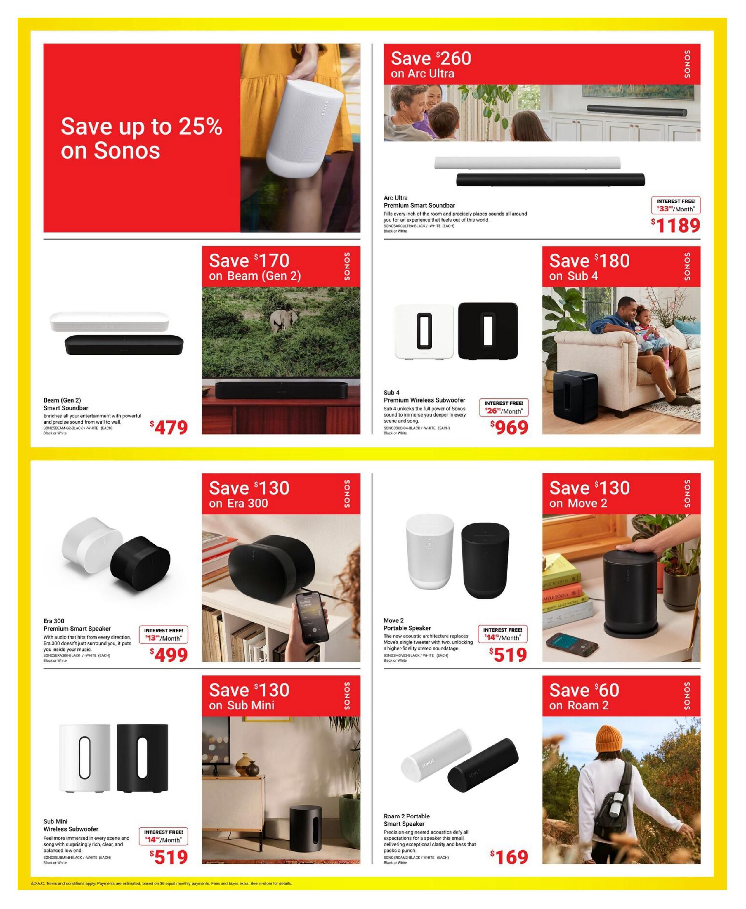 Visions Electronics weekly flyer specials, page 5. Save up to 25% on Sonos products. Featured are the Sonos Arc Ultra Premium Smart Soundbar for $1189, with interest-free payments of $33/month. The Sonos Beam (Gen 2) Smart Soundbar is on sale for $479. Also available is the Sub 4 Premium Wireless Subwoofer for $969, with interest-free payments of $26/month. The Era 300 Premium Smart Speaker is priced at $499, with interest-free payments of $13/month. The Move 2 Portable Speaker is available for $519, with interest-free payments of $14/month. The Sub Mini Wireless Subwoofer is on sale for $519, with interest-free payments of $14/month. Finally, the Roam 2 Portable Smart Speaker is $169.