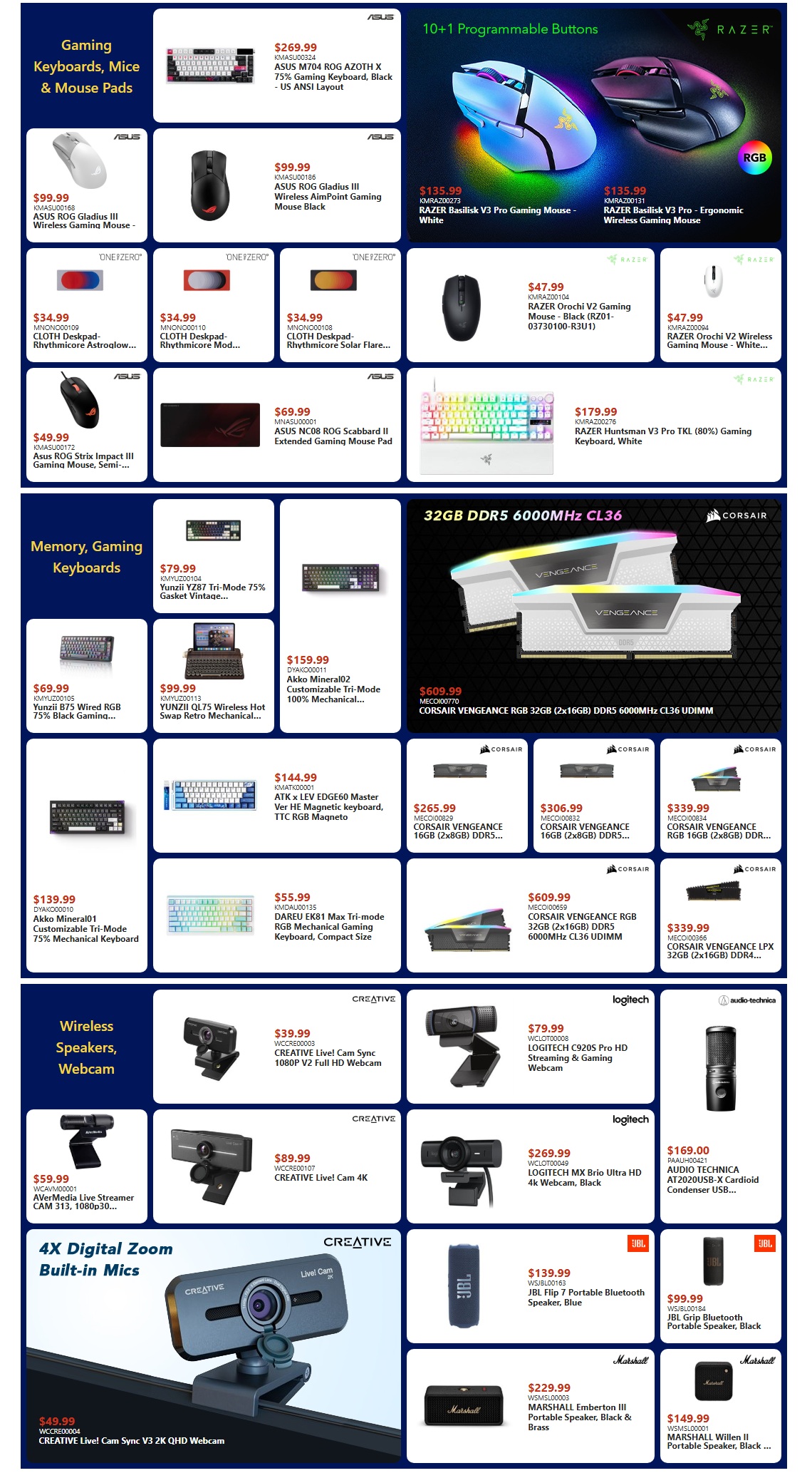 Canada Computers Weekly Flyer Specials Page 3 features gaming keyboards, mice, and mouse pads, memory and gaming keyboards, wireless speakers, and webcams. Featured gaming keyboards include the ASUS ROG AZOTH X 75% Gaming Keyboard for $269.99 and the Razer Huntsman V3 Pro TKL for $179.99. Gaming mice include the Razer Basilisk V3 Pro for $135.99 and the Razer DeathAdder V2 X Hyperspeed for $47.99. Memory products include CORSAIR VENGEANCE RGB 32GB (2x16GB) DDR5 6000MHz CL36 UDIMM for $609.99. Webcams include the CREATIVE Live! Cam Sync V3 for $49.99 and the LOGITECH C920S Pro HD for $79.99. Audio products include the AUDIO TECHNICA AT2020USB-X Cardioid Condenser USB Microphone for $169.00. Also featured are JBL Flip 7 Portable Bluetooth Speaker for $139.99 and Marshall Emberton III Portable Speaker for $229.99.
