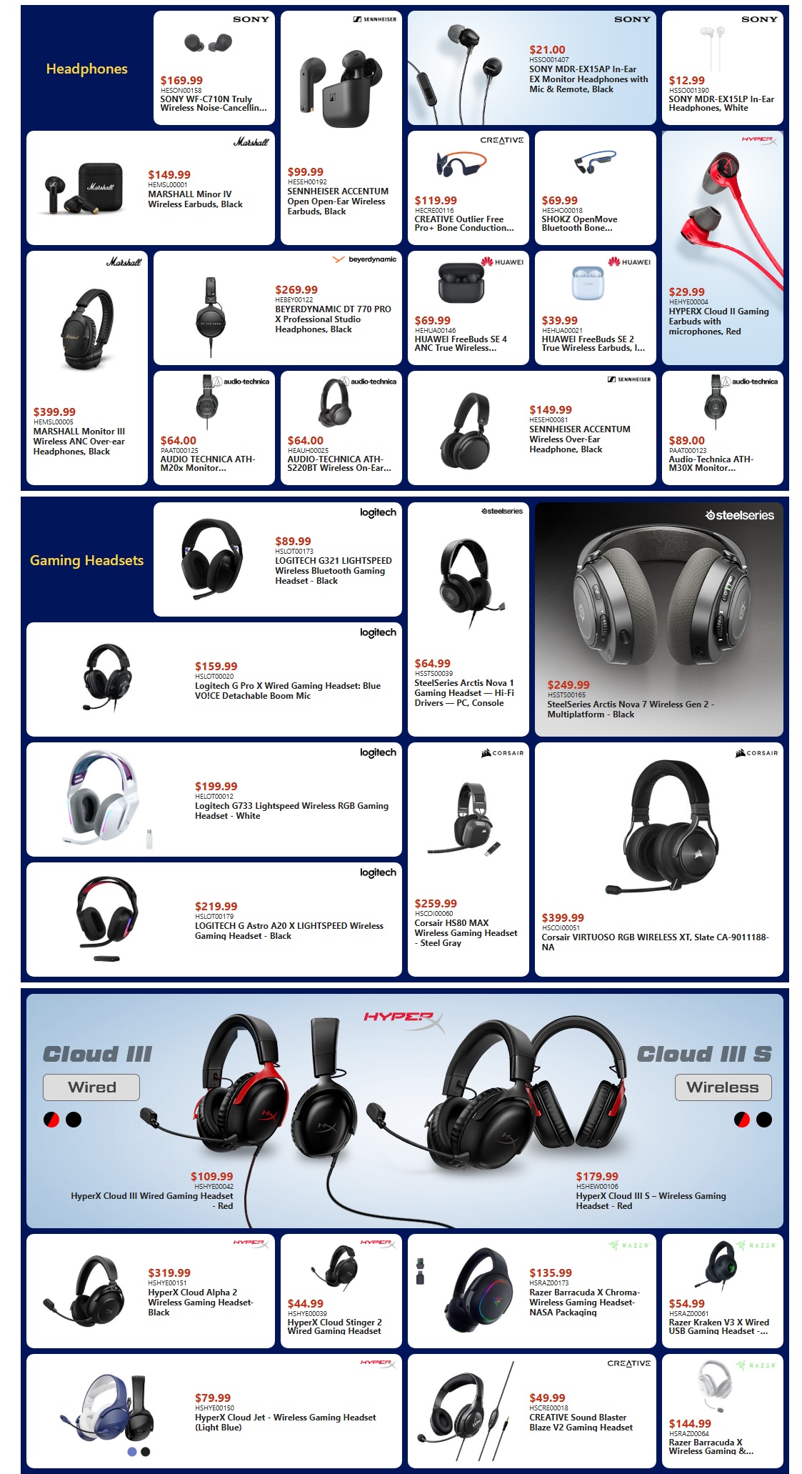 Canada Computers Weekly Flyer Specials Page 4: Features a wide selection of headphones and gaming headsets. Top section showcases various headphones including SONY WF-C710N Truly Wireless Noise-Cancelling Earbuds for $169.99, MARSHALL Minor IV Wireless Earbuds in Black for $149.99, and SENNHEISER ACCENTUM Open-Ear Wireless Earbuds for $99.99. Also available are CREATIVE Outlier Free Pro+ Bone Conduction Earbuds for $119.99, BEYERDYNAMIC DT 770 PRO X Professional Studio Headphones for $269.99, and HUAWEI FreeBuds SE 4 ANC True Wireless Earbuds for $69.99. Audio-Technica ATH-M20x Monitor Headphones are $64.00, and the ATH-S220BT Wireless On-Ear Headphones are also $64.00. The gaming headsets section includes LOGITECH G321 LIGHTSPEED Wireless Bluetooth Gaming Headset in Black for $89.99, SteelSeries Arctis Nova 1 Gaming Headset for $64.99, and SteelSeries Arctis Nova 7 Wireless Gen 2 Multiplatform Headset for $249.99. Logitech G Pro X Wired Gaming Headset is $159.99, Logitech G733 Lightspeed Wireless RGB Gaming Headset in White is $199.99, and Logitech G Astro A20 X LIGHTSPEED Wireless Gaming Headset in Black is $219.99. Corsair HS80 MAX Wireless Gaming Headset in Steel Gray is $259.99, and Corsair VIRTUOSO RGB Wireless XT is $399.99. The bottom section highlights HyperX Cloud III Wired Gaming Headset in Red for $109.99, and the Wireless version in Red for $179.99. Other HyperX headsets include the Cloud Alpha 2 Wireless in Black for $319.99, Cloud Stinger 2 Wired in Black for $44.99, and Cloud Jet Wireless in Light Blue for $79.99. Razer Kraken V3 X Wired USB Gaming Headset is $54.99, Razer Barracuda X Chroma-Wireless Gaming Headset is $135.99, and Razer Barracuda X Wireless Gaming Headset is $144.99. CREATIVE Sound Blaster Blaze V2 Gaming Headset is $49.99.