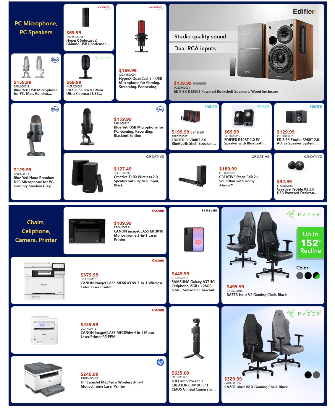 Canada Computers weekly flyer specials page 5 features PC microphones and speakers including the HyperX SoloCast at $69.99, RAZER Seiren V3 Mini at $69.99, Blue Yeti USB Microphone for PC, Mac, Gaming, Streaming, Podcasting, Blackout Edition at $159.99, and Blue Yeti Nano Premium USB Microphone for PC, Gaming, Shadow Grey at $129.99. Also available are the HyperX QuadCast 2 at $169.99 and EDIFIER R1280T Bookshelf Speakers for $139.99 (regularly $169.99). Audio equipment includes the EDIFIER R1700BT 2.0 Bluetooth Shelf Speaker for $199.99 (regularly $249.99), EDIFIER R19BT 2.0 PC Speaker with Bluetooth for $69.99, and EDIFIER Studio R980T 2.0 Active Speaker System for $129.99. Creative audio products featured are the T100 Wireless 2.0 Speaker for $127.49 and Stage 360 2.1 Soundbar with Dolby Atmos for $189.99. The Creative Pebble V2 2.0 USB Powered Desktop Speakers are $32.99. The page also showcases chairs, cellphones, cameras, and printers. The Canon imageCLASS MF3010 Monochrome 3-in-1 Laser Printer is $109.99. The SAMSUNG Galaxy A37 5G Cellphone is $449.99. The Canon imageCLASS MF663CDW 3-in-1 Wireless Color Laser Printer is $379.99. The Canon imageCLASS MF289dw 4 in 1 Mono Laser Printer 35 PPM is $239.99. The HP LaserJet M234sdw Wireless 3-in-1 Monochrome Laser Printer is $249.99. The DJI Osmo Pocket 3 Creator Combo is $635.00. Gaming chairs are also on sale, with the RAZER Iskur V2 Gaming Chair in Black for $499.99 and the RAZER Iskur V2 X Gaming Chair in Black for $329.99, with up to 152 degrees recline.