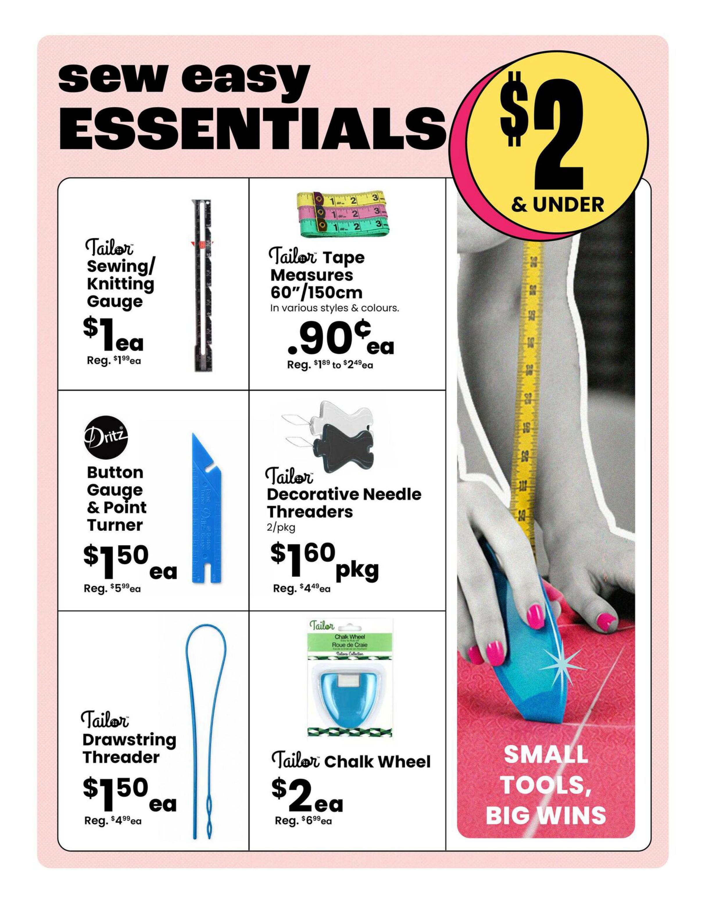 Fabricland flyer page 3 features 'Sew Easy Essentials' with various sewing tools. Items include Tailor Sewing/Knitting Gauge for $1ea (reg. $1.99ea), Tailor Tape Measures 60'/150cm in various styles & colours for $0.90ea (reg. $1.89 to $2.49ea), Dritz Button Gauge & Point Turner for $1.50ea (reg. $5.99ea), Tailor Decorative Needle Threaders 2/pkg for $1.60pkg (reg. $4.49ea), Tailor Drawstring Threader for $1.50ea (reg. $4.99ea), and Tailor Chalk Wheel for $2ea (reg. $6.99ea). A large graphic highlights 'SMALL TOOLS, BIG WINS' with a hand using a tailor's chalk wheel.