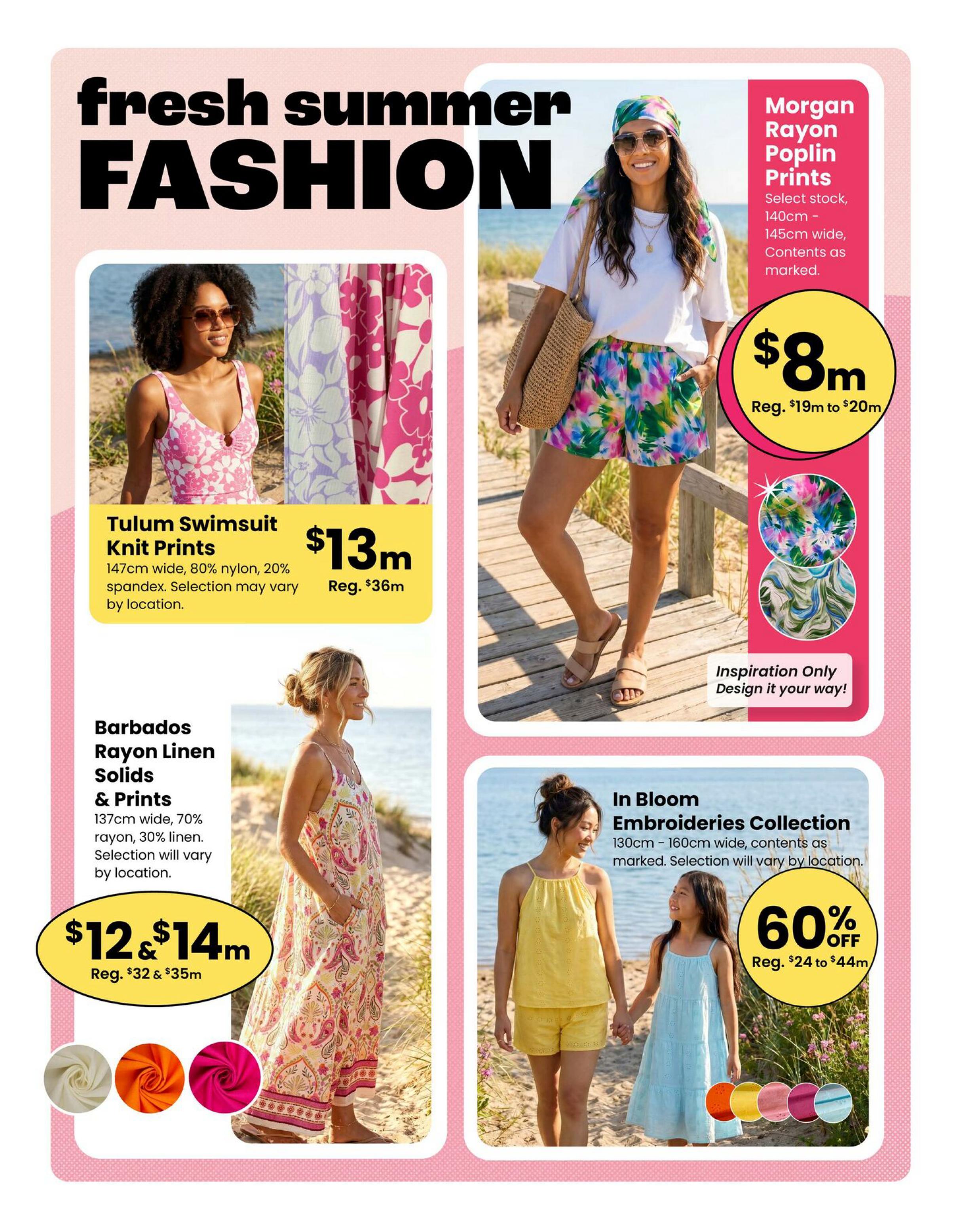 Fabricland Western Flyer Specials, Page 8. Features 'fresh summer FASHION'. Top right: Morgan Rayon Poplin Prints, 140cm-145cm wide, on sale for $8m, regular price $19m to $20m. Bottom right: In Bloom Embroideries Collection, 130cm-160cm wide, 60% off, regular price $24 to $44m. Left side: Tulum Swimsuit Knit Prints, 147cm wide, 80% nylon, 20% spandex, on sale for $13m, regular price $36m. Below that: Barbados Rayon Linen Solids & Prints, 137cm wide, 70% rayon, 30% linen, on sale for $12m & $14m, regular price $32 & $35m. Fabric selection may vary by location.