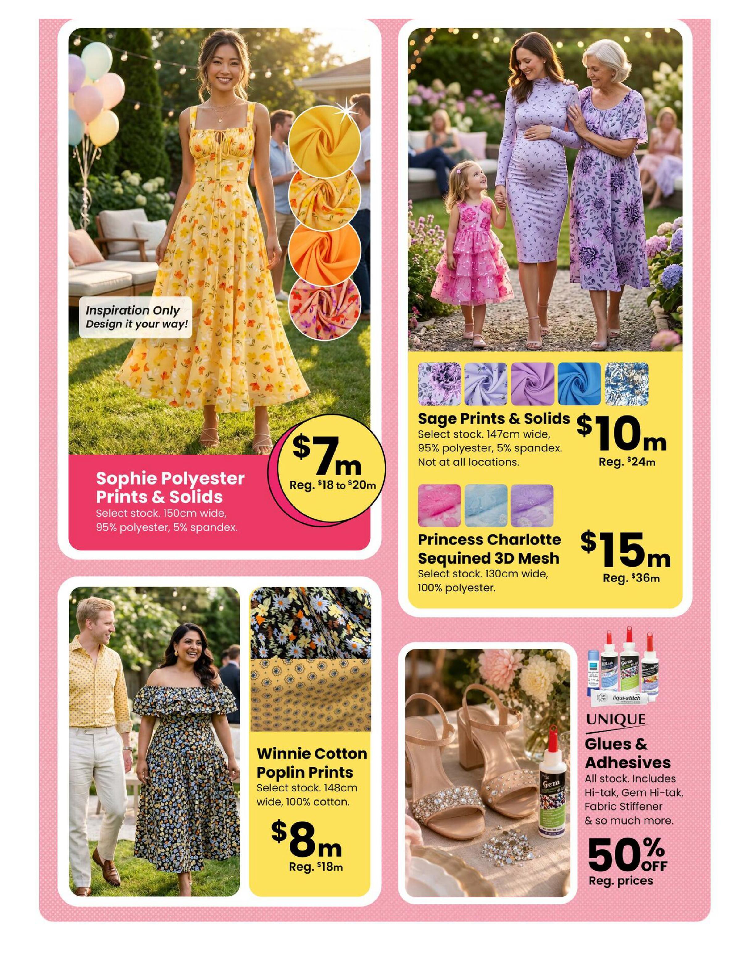Fabricland Western flyer specials page 13 features Sophie Polyester Prints & Solids fabric at $7m, regularly $18 to $20m. Also available are Sage Prints & Solids for $10m, regularly $24m, and Princess Charlotte Sequined 3D Mesh for $15m, regularly $36m. Winnie Cotton Poplin Prints are on sale for $8m, regularly $18m. Additionally, find Unique Glues & Adhesives, including Hi-tak, Gem Hi-tak, and Fabric Stiffener, at 50% off regular prices.