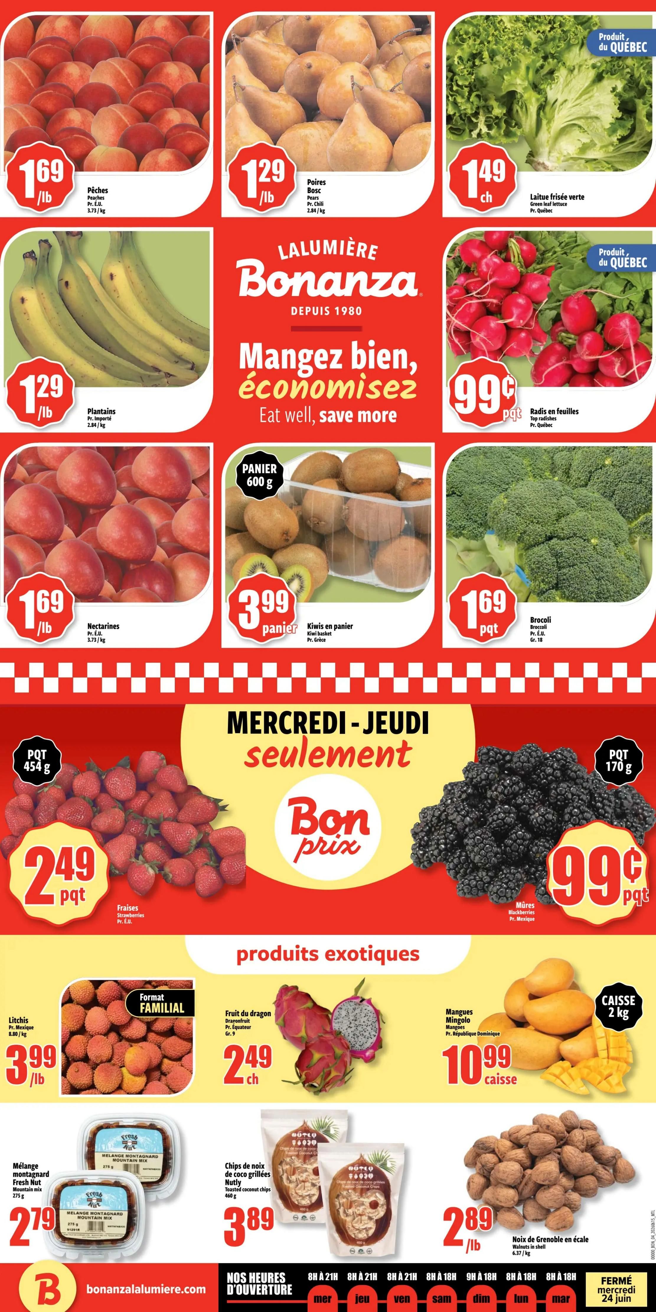 Bonanza weekly flyer specials page 4 features a variety of fresh produce and exotic fruits. On sale are Peaches for $1.69/lb, Pears for $1.29/lb, and Plantains for $1.29/lb. Also available are Nectarines for $1.69/lb, Green leaf lettuce for $1.49 each, Radishes for $0.99/pkg, Kiwi baskets for $3.99/basket, and Broccoli for $1.69/pkg. Special Wednesday-Thursday deals include Strawberries for $2.49/pkg (454g) and Blackberries for $0.99/pkg (170g). Exotic products include Dragon fruit for $2.49 each and Mingolo Mangoes for $10.99/2kg case. Other items on sale are Fresh Nut Mountain Mix for $2.79/container, Toasted coconut chips for $3.89/bag, and Walnuts in shell for $2.89/lb. The flyer is valid from June 17 to June 23, 2026.