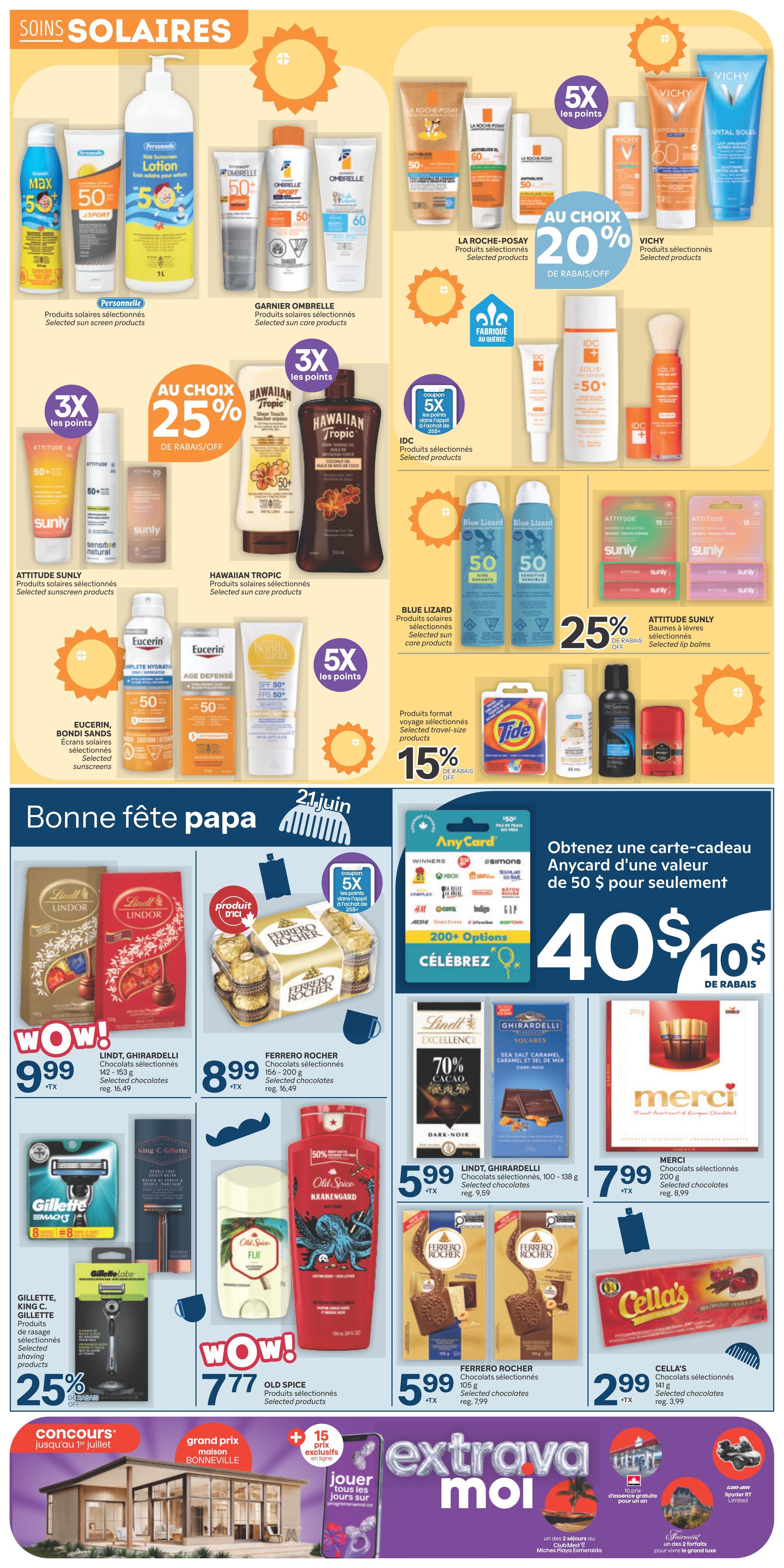 Brunet weekly flyer specials page 3 features a wide selection of sun care products including Max, Personnelle, Garnier Ombrelle, La Roche-Posay with 20% off, Vichy, Attitude Sunly with 3X points, Hawaiian Tropic with 25% off, IDC with 5X points, Blue Lizard, Eucerin, Bondi Sands, and travel-size products with 15% off. The page also highlights Father's Day specials with Lindt, Ghirardelli, and Ferrero Rocher chocolates. Featured deals include Lindt & Ghirardelli chocolates for $9.99, Ferrero Rocher for $8.99, Lindt Ghirardelli 70% Cacao for $5.99, Merci chocolates for $7.99, and Ferrero Rocher 105g for $5.99. Also on sale is Old Spice body wash for $7.77 and Gillette, King C. Gillette shaving products with 25% off. A contest is announced for a chance to win a grand prize, with exclusive online offers and 15 exclusive points. Additionally, there's an offer for an Anycard gift card valued at $50 for $40, with over 200 options to choose from.