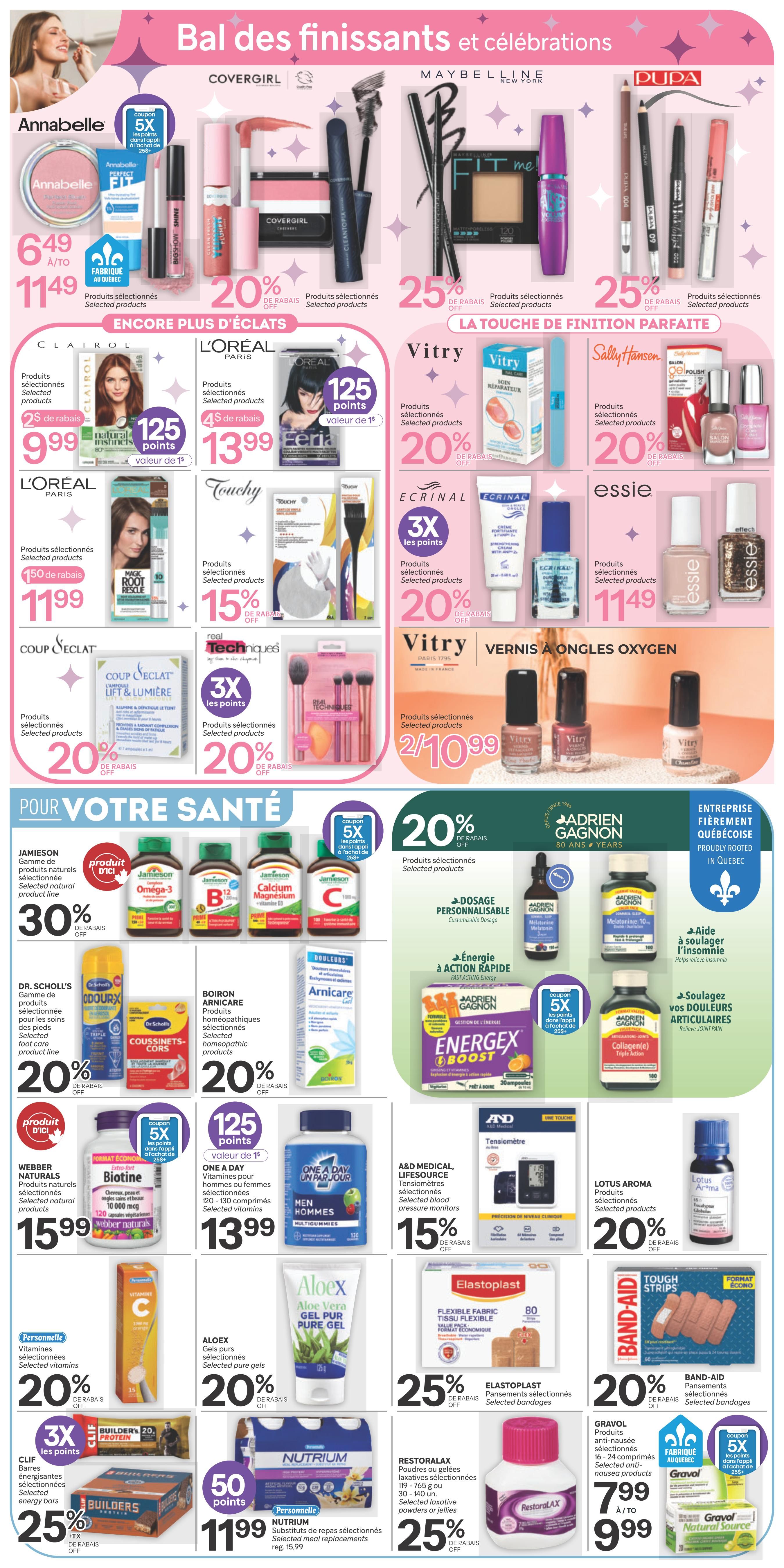 Brunet weekly flyer specials page 7 features a wide range of health and beauty products. Top section showcases makeup and nail care with deals like Annabelle powder for $6.49, Covergirl makeup 20% off, Maybelline and Pupa cosmetics 25% off. Featured brands include L'Oréal Paris hair colour for $9.99 and $13.99 with bonus points, Vitry nail polish and treatments 20% off, Sally Hansen nail polish 20% off, and Essie nail polish for $11.49. Real Techniques makeup brushes are 20% off with 3x points. The 'For Your Health' section highlights supplements and personal care. Jamieson vitamins are 30% off, including Omega-3, Calcium Magnesium, and Vitamin C. Dr. Scholl's foot care products are 20% off. Boiron homeopathic remedies are 20% off. Arnica care products are also featured. Adrien Gagnon supplements like Energex Boost and Melatonin are available, with some offering 5x points. Webber Naturals Biotine is $15.99. One A Day vitamins for men and women are $13.99. A&D Medical and Lifesource blood pressure monitors are 15% off. Lotus Aroma products are 20% off. Aloe Vera gel is 20% off. Elastoplast bandages are 25% off. Restoralax laxative powders or jellies are 25% off. Clif energy bars are 25% off with 3x points. Nutrium meal replacements are 50 points with purchase for $11.99. Gravol anti-nausea products are $7.99 to $9.99, with bonus points on-5x points on select points.