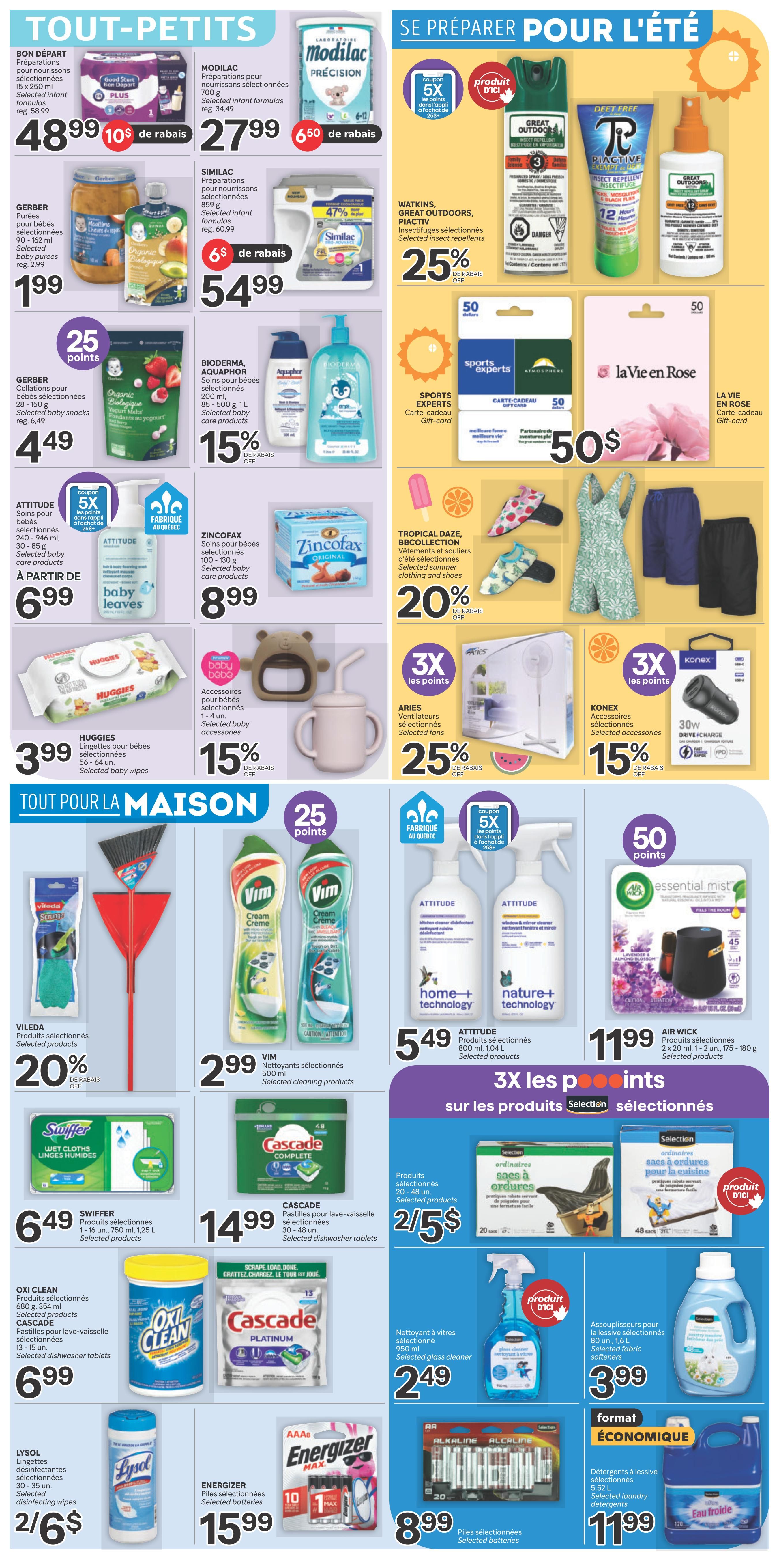 Brunet Weekly Flyer Specials Page 9 features 'Tout-Petits' (For Little Ones) and 'Tout Pour la Maison' (Everything for the Home) sections. In the 'Tout-Petits' section, find Bon Départ preparations for $48.99 (save $10), Modilac Precision preparations for $27.99 (save $6.50), and Similac preparations for $54.99 (save $6). Gerber purées are $1.99, Gerber snack selections are $4.49 with 25 points, and Bioderma/Aquaphor baby care products are 15% off. Attitude baby care products start at $6.99, and Huggies baby wipes are $3.99. Zincofax baby care products are $8.99. In the 'Se Préparer Pour l'Été' (Get Ready for Summer) section, Watkins, Great Outdoors, and Piactiv insect repellents are 25% off. Tropical Daze and BBCollection selected summer clothing and shoes are 20% off. Aries selected fans are 25% off with 3x points, and Konex selected accessories are 15% off. Gift cards for Sports Experts and La Vie en Rose are $50. In the 'Tout Pour la Maison' section, Vileda selected products are 20% off. Vim selected cleaning products are $2.99. Swiffer selected products are $6.49. Cascade dishwasher tablets are $14.99 and also available as 2 for $5. Oxi Clean selected products and Cascade dishwasher tablets are $6.99. Lysol disinfecting wipes are 2 for $6. Energizer selected batteries are $15.99. Attitude selected cleaning products are $5.49. Air Wick selected products are $11.99. Selected garbage bags are 2 for $5. Selected fabric softeners are $3.99. Selected glass cleaner is $2.49. Finally, selected laundry detergents are $11.99.