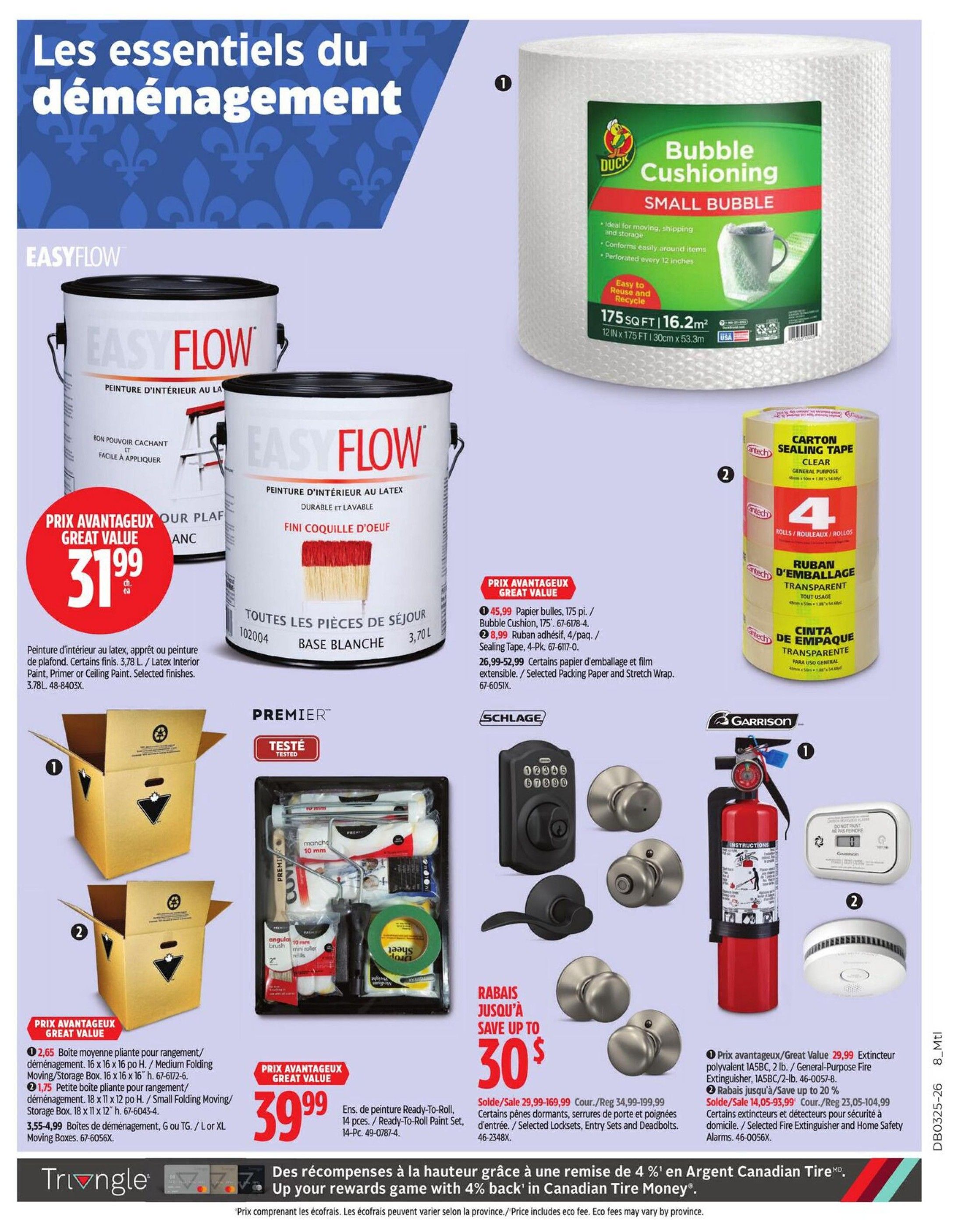 Canadian Tire flyer page 2, featuring 'Les essentiels du déménagement' (Moving Essentials). Top section shows DUCK Bubble Cushioning Small Bubble wrap, 175 sq ft for $45.99. Left side features EasyFlow Latex Interior Paint in 'Fini Coquille d'oeuf' (Eggshell Finish), 3.70L for $31.99. Below are Triangle moving boxes: 2.65 cu ft Medium Folding Moving/Storage Box for $12.99 and 1.75 cu ft Small Folding Moving/Storage Box for $8.99. A 14-piece Ready-to-Roll Paint Set is $39.99. The right side features antech Carton Sealing Tape, 4 rolls for $8.99. Below that, Schlage door hardware including locksets, entry sets and deadbolts on sale from $29.99-$169.99, save up to $30. Further down, Garrison General Purpose Fire Extinguisher, 1A5BC, 2 lb. for $29.99 and selected Fire Extinguishers and Home Safety Alarms on sale from $23.05-$104.99, save up to 20%.