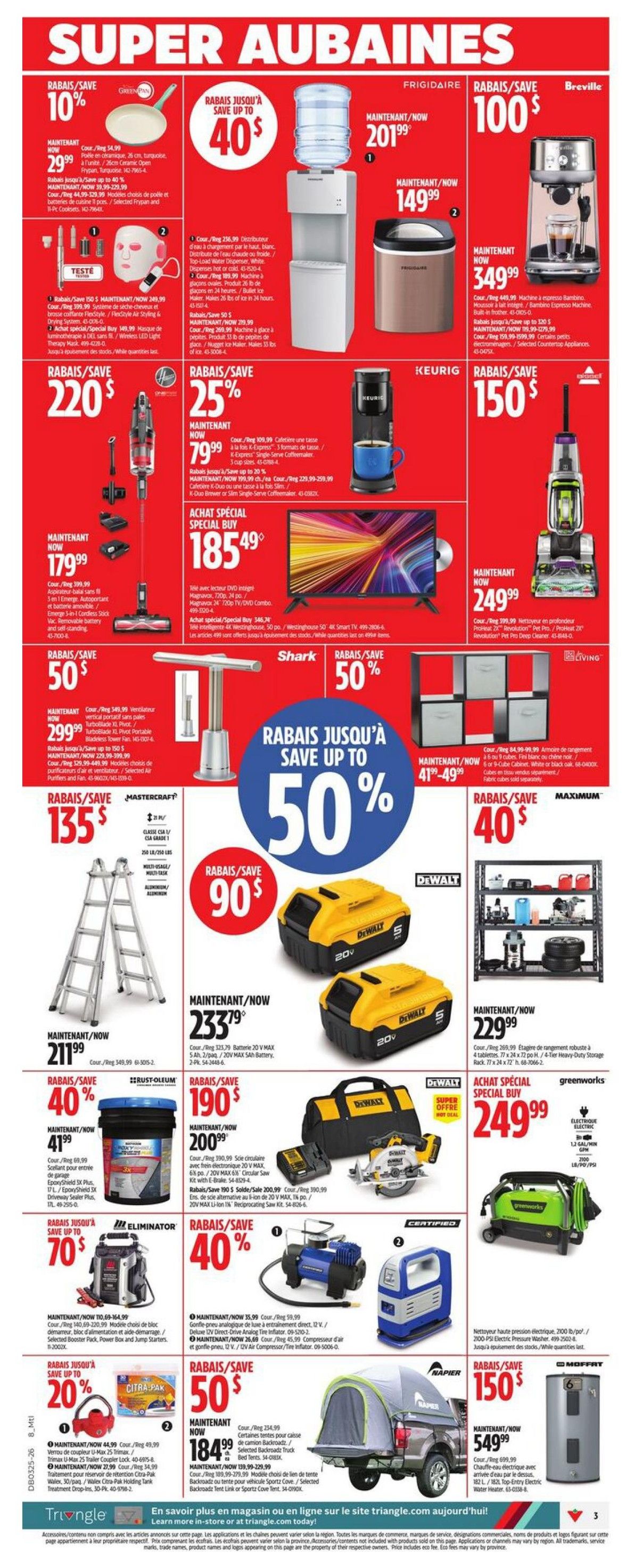 Canadian Tire Super Savings flyer, page 5. Featured deals include a Greenpan frying pan on sale for 29.99, a water dispenser for 201.99, and a Breville espresso machine for 100$ off, now 349.99. Also available is a Frigidaire ice maker for 149.99. A Shark vacuum is on special buy for 185.49. Keurig coffee maker on sale for 79.99. A large screen TV is on special buy for 185.49. A Bissell Pro Deep Cleaner is 249.99. Mastercraft ladders are 135$ off, now 211.99. DeWalt 20V MAX 5Ah batteries are 90$ off, now 233.79 for two. A DeWalt circular saw with battery and charger is 190.99. A Rust-Oleum 20L EpoxyShield Plus paint is 40% off, now 41.99. A Greenworks electric pressure washer is 40$ off, now 249.99. An Eliminator jump starter is 70$ off, now 110.99. A portable air compressor is 40% off, now 35.99. A Citra-Pak coupler lock is 20% off, now 44.99. A Napier Sportz Cove truck tent is 50% off, now 184.99. A Moffat electric water heater is 150$ off, now 549.99.