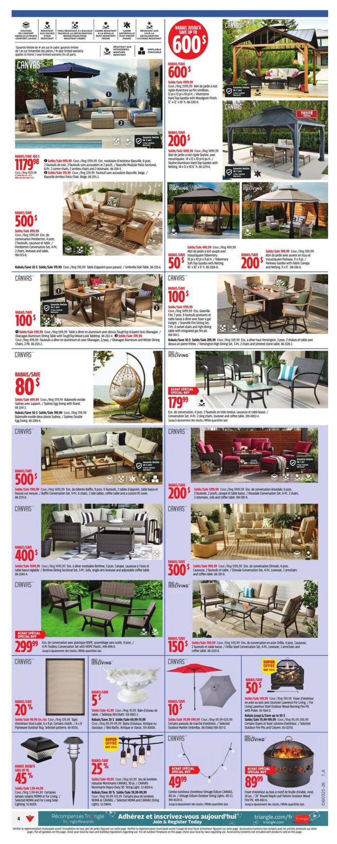 Canadian Tire flyer page 6 featuring a wide selection of outdoor furniture and accessories. Highlights include a Canvas Bayville 6-piece sectional with chaise for $1179.98, a Canvas 6-piece patio set for $500, and a Canvas 6-piece modular sectional for $400. Also featured are a Canvas 3-piece conversation set for $300, a Canvas 4-piece conversation set for $200, and a Canvas 2-piece conversation set for $150. Other items include a Canvas 4-piece conversation set with fire pit for $200, a Canvas 4-piece conversation set for $300, and a Canvas 4-piece conversation set for $179.99. Several gazebos are on sale, including a 10 ft. x 10 ft. Alverstone gazebo for $200 and a 10 ft. x 14 ft. Alverstone gazebo for $600. Outdoor lighting options include NOMA and Living For Living lighting starting at $49.99, with a 45% discount on selected NOMA and Living For Living outdoor lighting. A Canvas 20% off flatweave outdoor rug is also available. Additionally, there are various bird baths and umbrellas on sale, with a 5% discount on a bird bath and a 10% discount on selected umbrellas. A special buy on a Canvas 40-ft. outdoor string light set is $49.99, and a special buy on a Maple Leaf pattern wood fire pit is $89.99.