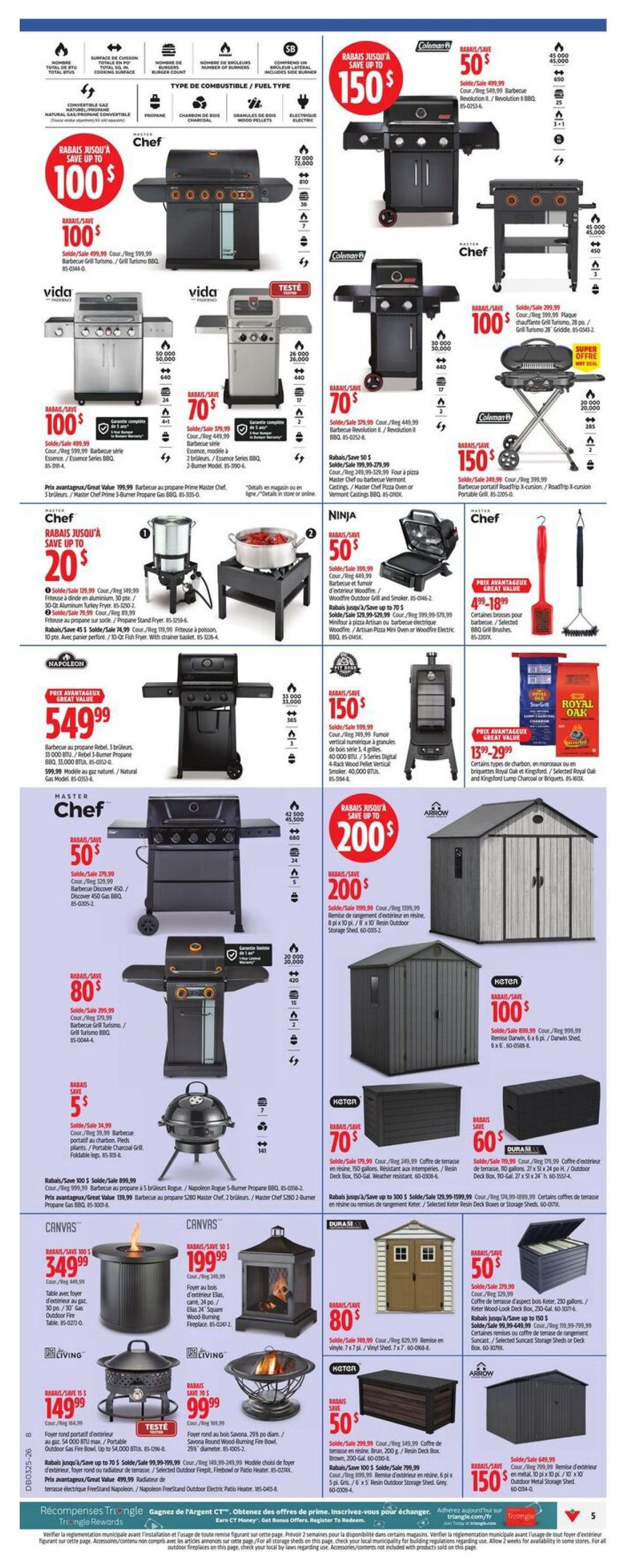 Canadian Tire Quebec flyer page 7 features a wide selection of outdoor living and cooking appliances. Highlights include a Master Chef 5-burner propane BBQ on sale for $549.99, a Chef 5-burner propane BBQ with up to $100 savings, and a Coleman 4-burner BBQ with up to $50 savings. Also featured are various outdoor fire pits and heaters, such as the Canvas 30-inch gas fire table for $349.99 and the Living portable outdoor gas fire bowl for $149.99. Storage solutions include Keter resin deck boxes with savings up to $100 and Arrow outdoor storage sheds starting at $150. Ninja outdoor cooking equipment like a 50-quart turkey fryer and a woodfire outdoor grill and smoker are also available. Additionally, there are various BBQ accessories and Royal Oak charcoal briquettes available.