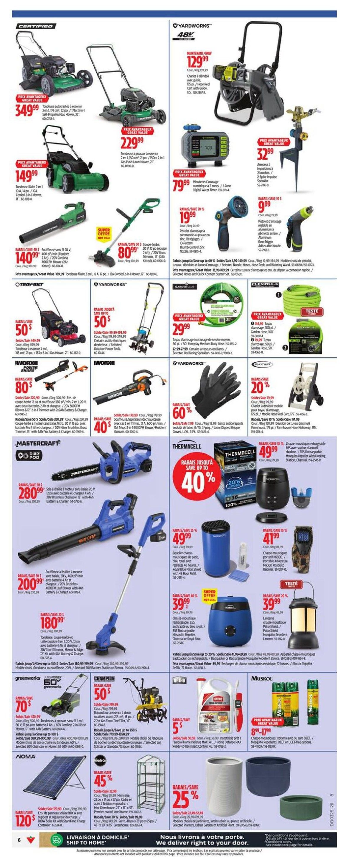 Canadian Tire flyer page 8 featuring a wide selection of lawn and garden equipment and pest control solutions. Top section showcases Yardworks mowers, including a self-propelled gas push lawn mower for $229.99 and a 21-inch self-propelled gas mower for $349.99. Also featured is a Yardworks electric pressure washer for $129.99, a digital water timer for $79.99, and a sprinkler for $32.99. Mastercraft offers a 20V cordless chainsaw for $280.99 and a 480 CFM leaf blower for $200.99, with a 20V cordless trimmer/edger for $180.99. Greenworks offers a 60V self-propelled lawn mower on sale for $120 with a 70% discount. Noma presents a 100W solar panel kit for $120. The middle section includes a Troy-Bilt 3-in-1 gas mower for $50 off, priced at $499.99. Other items include a Yardworks tiller for $50 off, priced at $199.99, and a selection of 20V tools. Thermacell offers mosquito repellents with up to 40% off, including a portable shield for $49.99 and a rechargeable repeller for $39.99. A 20% discount is available on Yardworks gloves. Flexzilla offers a 50 ft. garden hose for $29.99. Muskol presents mosquito repellents with a great value price of $8.99-$17.99. Champion offers a rear-tine tiller for $50 off, priced at $199.99. Ortho offers Home Defense MAX insect control for $5. A 45% discount is applied to a 25' x 57' greenhouse, priced at $59.99. Finally, a 25% discount is available on garden planters and urban or artificial plant selections. The bottom of the page highlights 'LIVRAISON À DOMICILE' (Home Delivery) and 'Nous livrons à votre porte. We deliver right to your door.