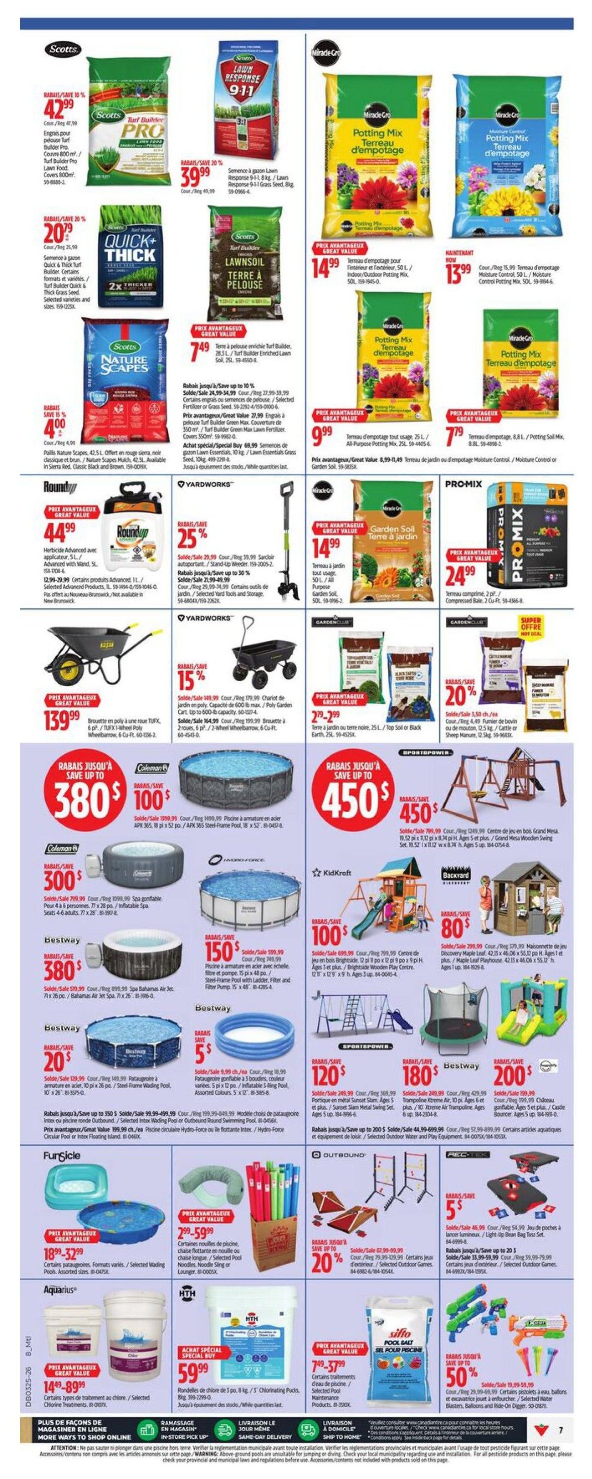 Canadian Tire flyer page 9 features a wide selection of lawn and garden products, including Scotts Turf Builder Pro for $42.99, Scotts Lawn Response 911 Grass Seed for $39.99, and Scotts Quick & Thick Turf Builder for $20.79. Miracle-Gro Potting Mix is available for $14.99, with a moisture control option for $13.99. Yardworks offers a garden seeder for $44.99 and a wheelbarrow for $139.99. Promix Compressed Bale is on sale for $24.99. The flyer also highlights various pools and spas, such as the Coleman Steel Frame Pool for up to $380 savings, a Coleman Inflatable Spa for $300, and a Bestway Steel Frame Pool for $150. KidKraft offers a wooden play centre for $100 and a swing set for $120. Bestway also has a wading pool for $5 and an inflatable ring pool for $5. Furgicicle wading pools are $18.99-$32.99. Outdoor games include a bean bag toss set for $46.99 and a wooden play centre for $71.99. Aquarius pool treatments are $14.99-$89.99. HTH Chlorinating Pucks are $59.99. Sifflot Pool Salt is $7.99-$37.99. Finally, there are water blasters and excavators on sale for up to 50% off.