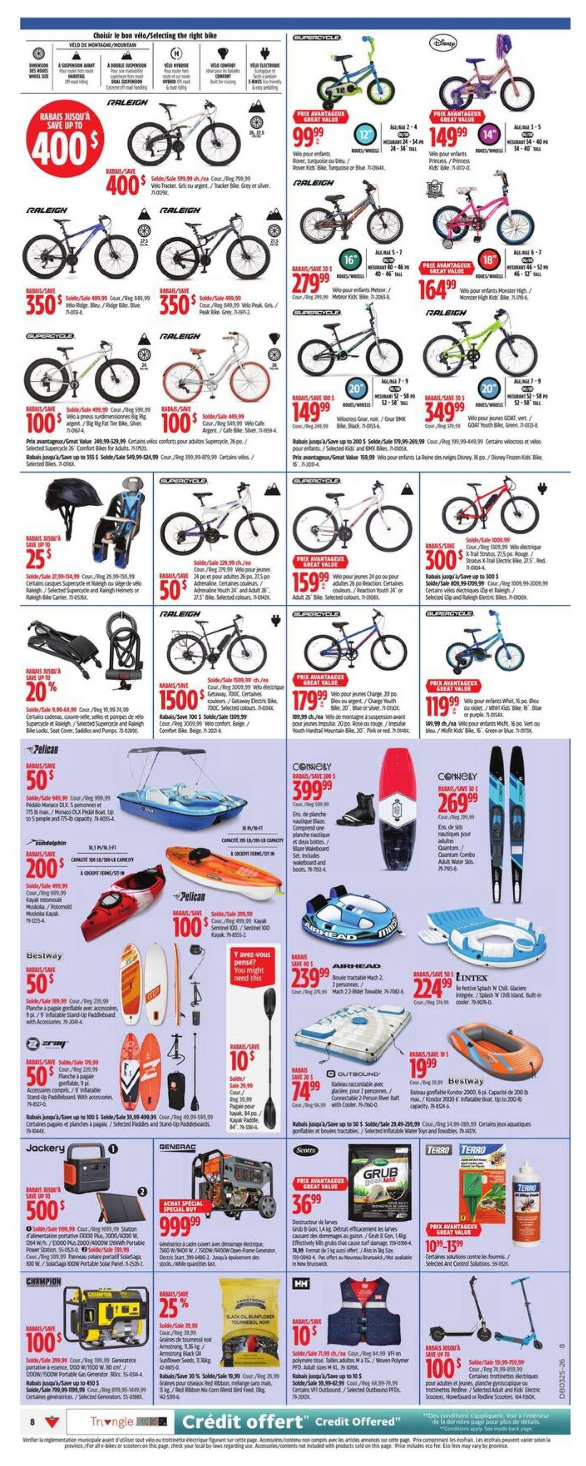 Canadian Tire flyer page 10 featuring a wide selection of outdoor and sporting goods. Top section showcases various Raleigh and Supercycle bicycles for adults and children, with prices ranging from $99.99 for a Supercycle Rover Kids Bike to $350 for a Raleigh Bike. Also featured are children's bikes like the Disney Princess Bike for $149.99 and the Raleigh Monster High Bike for $164.99. Discounts are available, such as up to $400 off select bikes. Below the bikes, find a Pelican Monaco DLX boat for $50 off, a SunDolphin 100 kayak for $200 off, and Bestway inflatable stand-up paddleboards for $50 off. Water sports equipment includes Connelly adult water skis for $269.99 and an Airhead Mach 2 towable tube for $239.99. Other items include a Pelican Sentinel 100 kayak for $100 off, an Outbound inflatable raft for $74.99, and a Bestway inflatable boat for $19.99. The lower section highlights a Generac portable generator for $999.99, a Jackery portable power station for $500, and a Champion generator for $100. Also available are Scotts Grub Killer for $36.99, HH Woven Polymer safety vests for $10, and Terro Ant Control Solutions starting at $10.99. Electric scooters are on sale, with a Raleigh scooter for $1500 and a Supercycle scooter for $119.99. Champion generators are also featured with savings up to $450. A bag of Black Oil Sunflower seeds is $10. The page also promotes 'Credit offered' financing options.