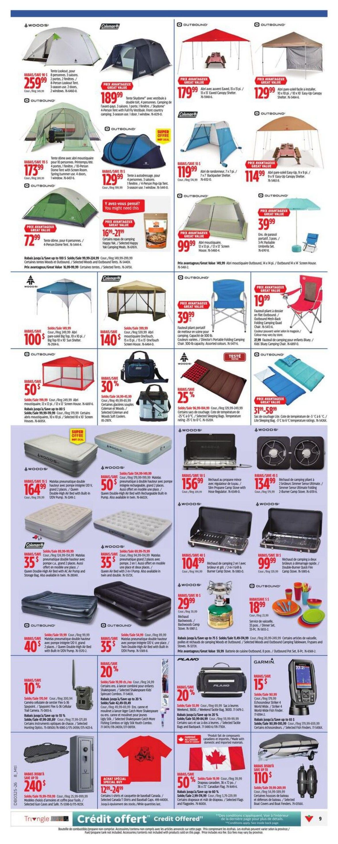 Canadian Tire flyer page 11 featuring camping and outdoor gear. Highlights include various tents such as the Woods Lookout Tent for $259.99, Coleman Sky Dome tent for $189.99, and Outbound 4-person tents starting at $119.99. Also featured are Outbound screen houses for $129.99 and $114.99, and a Woods 10 x 10 Sun Shelter for $100. Camping chairs are on sale, including the Outbound Folding Camping Chair for $39.99 and a red Kids' Bluey Folding Camping Chair for $19.99. Sleeping bags are available, with the Woods 0°C to -25°C rated sleeping bag at 25% off, priced at $56.99. Air mattresses include the Woods Queen Double-High Air Bed with built-in pump for $164.99 (save $55) and the Woods Queen Air Bed with pump for $104.99 (save $35). Cooking equipment includes the Woods Slim Propane Camp Stove for $156.99, the Woods 2-Burner Camp Stove for $134.99, and the Woods 2-in-1 Camp and Griddle Stove for $104.99. Other items include the Backwoods Camp Stove for $29.99, a 35-piece Dinner Set for $18.99, and a large selection of fishing equipment from Garmin, including fish finders starting at $15.99. Also on sale are the Woods 3-season sleeping bag for $31.99, a large gun safe for $240 (save up to $240), and Canadian T-shirts and baseball caps for $12.99.