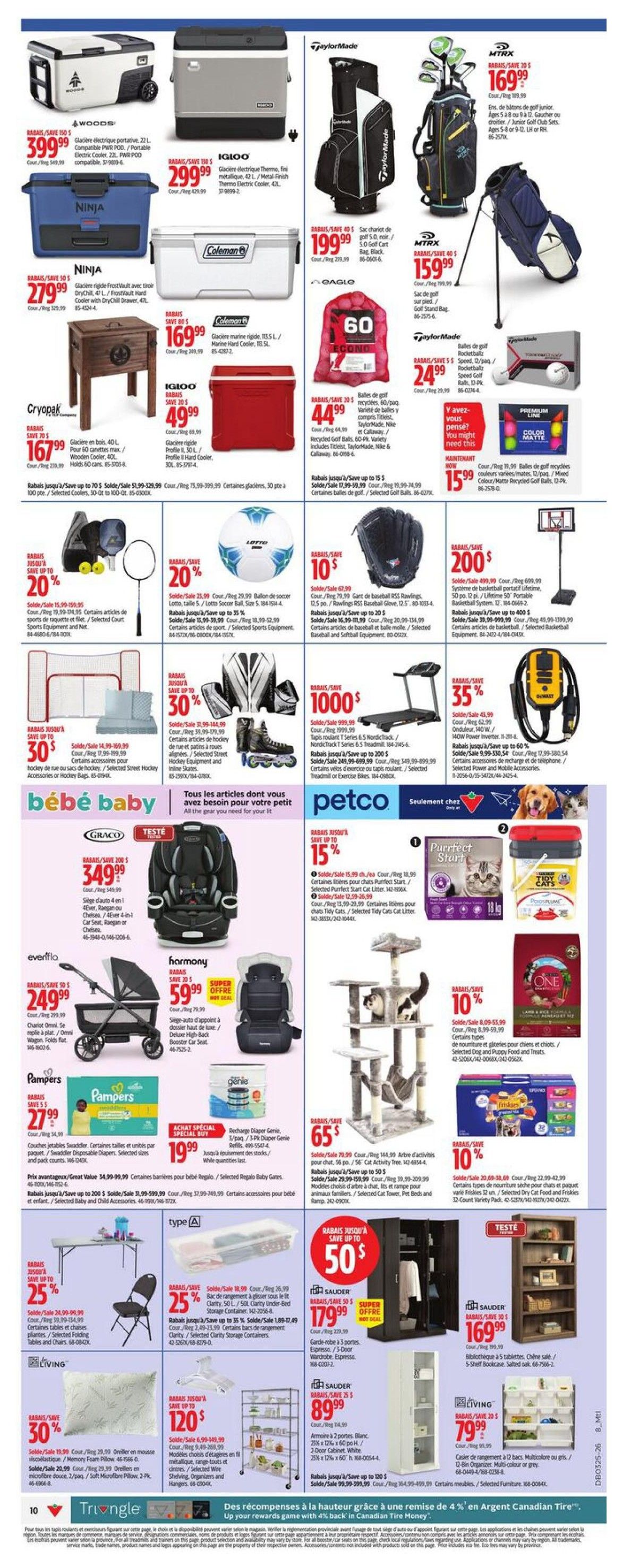 Canadian Tire flyer page 12 featuring a variety of products. Top section includes coolers from WOOD & WOOD and IGloo, priced at $399.99 and $299.99 respectively. TaylorMade golf bags are available starting at $159.99, with a junior golf set for $169.99. Coleman coolers are also featured, including a large one for $169.99 and a smaller one for $49.99. Cryopak 40L wooden cooler is $167.99. Other items include a red cooler bag for $60 and TaylorMade golf balls for $24.99. Discounts are highlighted: up to 20% off selected sports equipment, 20% off Lotto soccer balls, 10% off Rawlings baseball gloves, and 35% off selected hockey equipment and inline skates. Petco section offers up to 15% off Purrfect Start cat litter and Tidy Cats litter. A large cat tree is on sale for $65, and ONE Dog Food is 10% off. Friskies cat food is also 10% off. The 'bébé baby' section showcases a Graco car seat for $349.99, an Evenflo stroller for $249.99, and Harmony car seat for $59.99. Pampers Swaddlers are $27.99, and a special offer on Diaper Genie refill is $19.99. Storage solutions include a folding table and chairs set with 25% off, Clarity storage containers with 25% off, and a large wardrobe for $179.99. A Living pillow is 30% off, and a shelf unit is 120$ off. Finally, a 5-shelf bookcase is $169.99, and a 2-door cabinet is $89.99. Selected furniture is up to 50% off.