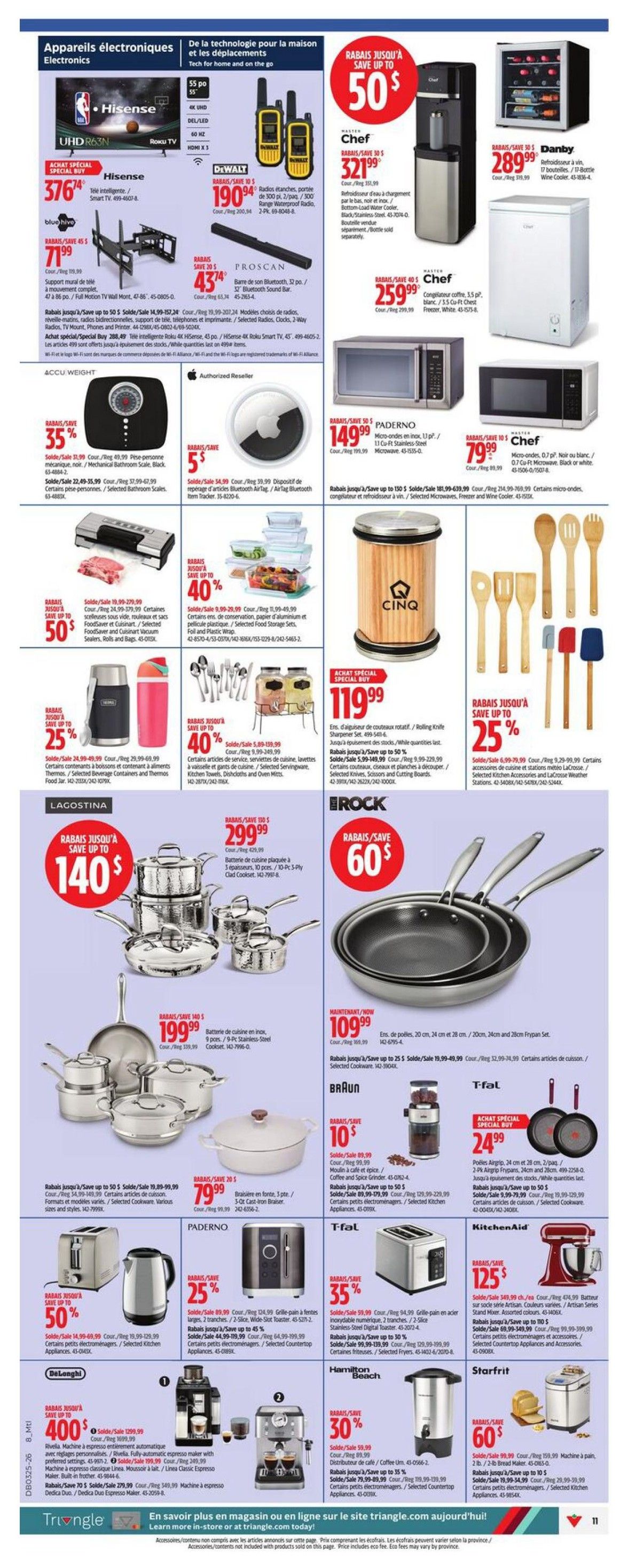 Canadian Tire flyer page 13 featuring electronics, kitchenware, and small appliances. Electronics include Hisense UHD R63N Roku TV for $376.74, a Blue Hive TV wall mount for $71.99, and DeWalt 2-pack range waterproof radios for $190.94. Proscan Bluetooth sound bar is $43.74. Kitchen appliances include a Chef water dispenser for $321.99, a Danby 17-bottle wine cooler for $289.99, and a Chef 3.5 cu ft chest freezer for $259.99. Paderno 11 cu ft stainless steel microwave is $149.99. Chef 0.7 cu ft microwave is $79.99. Lagostina cookware set is on sale for $140 off, with a 9-piece stainless steel cookware set priced at $199.99. Brokk 3-piece frypan set is $60 off, with a 109.99 price. Braun coffee and spice grinder is $10 off. T-Fal 2-pack non-stick frypans are $24.99. Selected kitchen appliances are on sale with up to 50% off, including a food saver and vacuum sealer for $50 off. A 40-piece food storage set is 40% off. A Cinq utensil holder is $119.99. Kitchen utensil sets are 40% off. Selected kitchen accessories are 25% off. Paderno 25% off selected kitchen appliances. T-Fal 35% off selected fryers. Hamilton Beach coffee maker is 30% off. Delonghi automatic espresso machine is $400. Starfrit 60% off selected kitchen appliances.