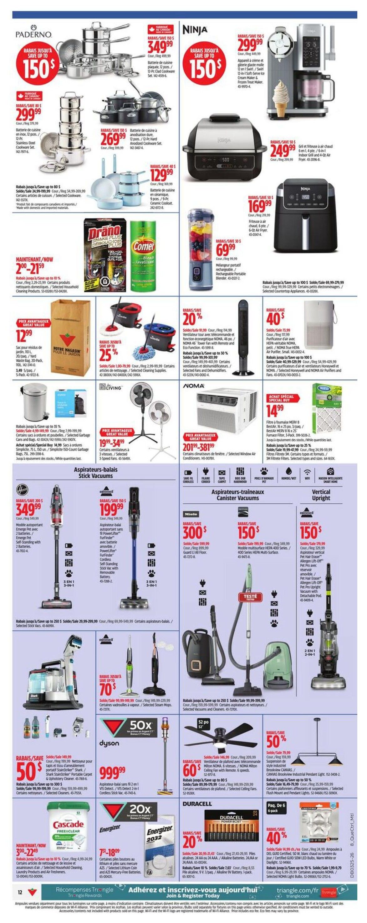 Canadian Tire flyer page 14 featuring kitchenware, small appliances, cleaning supplies, vacuums, and batteries. Top section includes Paderno cookware sets with savings up to $150, starting at $299.99, and a 12-piece stainless steel cookware set for $269.99. Ninja products include a 10-in-1 indoor grill and air fryer for $299.99, a 6-in-1 indoor grill and air fryer for $249.99, and an air fryer for $169.99. Also featured is a 12-in-1 soft-serve ice cream maker and frozen treat maker for $69.99. Cleaning supplies include Drano and Comet products. A Noma 46-pint dehumidifier is on sale for $114.99 (20% off), and a Noma 10,000 BTU window air conditioner is $381.99. Stick vacuums include a Bissell Emergé Pet model for $349.99 and a Bissell PowerLifter model for $199.99. Canister vacuums include a Miele HEPA model for $300 and a Bissell model for $150. A Dyson vacuum is $999.99. Cascade dishwasher detergent is $3.99-$22.99. Energizer AA and AAA batteries are $7.99-$18.99. Duracell 9V batteries are 20% off, and Duracell AA batteries are 40% off. A ceiling fan is $146.99.