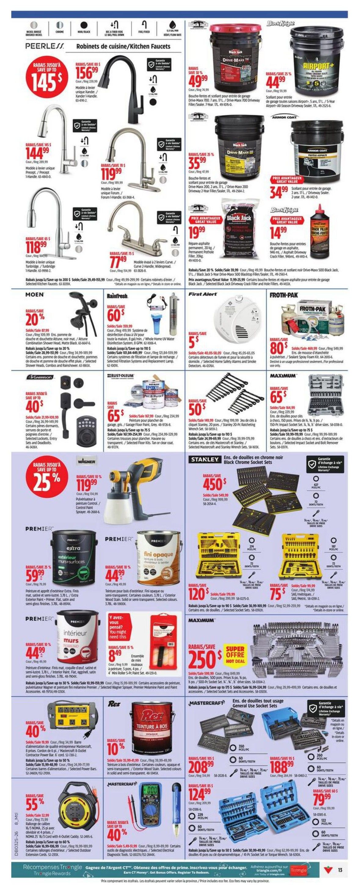 Canadian Tire flyer page 15 featuring kitchen faucets and various tools. Top section showcases Peerless kitchen faucets with savings up to $145. Products include the unique Xander/Xander 1-Handle faucet for $156.99 and the unique Forum/Forum 1-Handle faucet for $119.99. Also featured are Black Jack Drive-Maxx 700 sealants, with savings up to 30%, priced at $49.99 for the 17 L size and $44.99 for the 5 L size. Airport+ All-Season Driveway Sealer is $34.99. Black Jack permanent asphalt repair is $19.99. Moen offers a 20% discount on shower heads and bath accessories, with the Matte Black head at $87.99 and the Chrome head at $109.99. Rainfresh whole home UV water disinfection systems are on sale for $60. Garrison offers up to 40% off selected locksets, entry sets, and deadbolts, with prices starting at $21.99. Rust-Oleum paint for garage floors and decks is on sale for $65. Wagner sprayers are up to 25% off, with the HVLP control sprayers starting at $119.99. Premier exterior and interior paints are on sale, with Extra exterior paint at $59.99 and Flat opaque wood paint at $44.99. Premier interior paint is $44.99. A mini roller set is $8.49. First Alert smoke and carbon monoxide alarms are $5. Froth-Pak foam sealant is $80. Maximum offers a 65-piece socket set for $65. Stanley Black Chrome socket sets are $450. Mastercraft offers various tool sets, including a 350-piece socket set for $208.99, a 229-piece socket set for $124.99, and a 122-piece socket set for $79.99. Mastercraft also features a digital multimeter for $51.99 with 40% off, and selected outdoor extension cords starting at $52.99. The page also highlights a Triangle Rewards promotion for bonus offers.