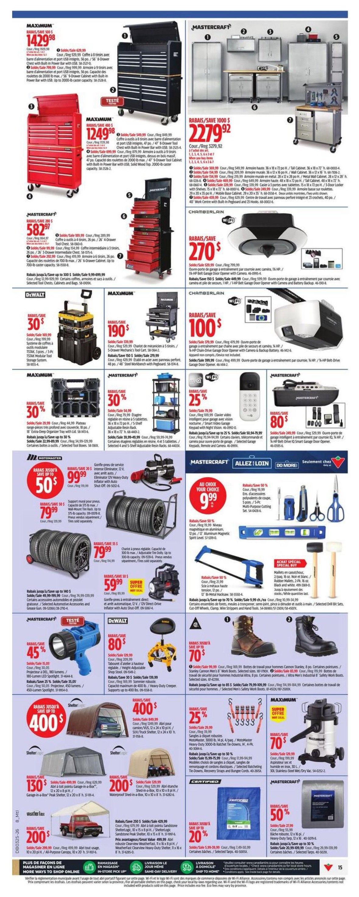 Canadian Tire flyer page 17 featuring a wide selection of tools and storage solutions. Top section showcases Mastercraft tool chests: a large black 56-drawer chest for $1429.99 and a red 47-drawer chest for $1249.99. Also featured is a Mastercraft 56-piece tool chest and accessory set for $582.97. A Mastercraft 52-piece tool chest is on sale for $582.97. Chamberlain garage door openers are highlighted, with a Wi-Fi enabled model for $270 and another for $100. DeWalt tool storage is available with a 30% discount, priced at $109.99. Maximum tool carts are on sale, with a 5-drawer mechanic's cart for $190 and a 40' work centre for $159.99. Mastercraft offers a 30% discount on 5-shelf and 4-shelf adjustable resin racks. Motomaster offers a 50% discount on a 12V heavy-duty inflator for $99.99. Several tire and wheel packages are available, including a 4-pack of 205/55R16 tires for $79.99 and a 4-pack of 205/70R15 tires for $79.99. A 4-pack of 205/65R16 tires is $59.99. Mastercraft offers a 'Choose Your Choice' deal for $9.99 on various items including multi-purpose cutting tools and aluminum magnetic spirit levels. A special buy on mallets and work boots is also featured. DeWalt offers an adjustable work stool for $80. A Mastercraft 180-lumen LED spotlight is 45% off, priced at $35.05. Shelter brand car shelters are on sale, with a 10x20 ft shelter for $400, a 12x20 ft garage-in-a-box for $130, and a 10x16 ft weatherproof shed-in-a-box for $200. A Weatherfase 10x20 ft all-purpose canopy is $200. Maximum offers a 70% discount on a wet/dry vacuum for $70. Mastercraft offers 50% off on a smart garage door opener for $55.99.
