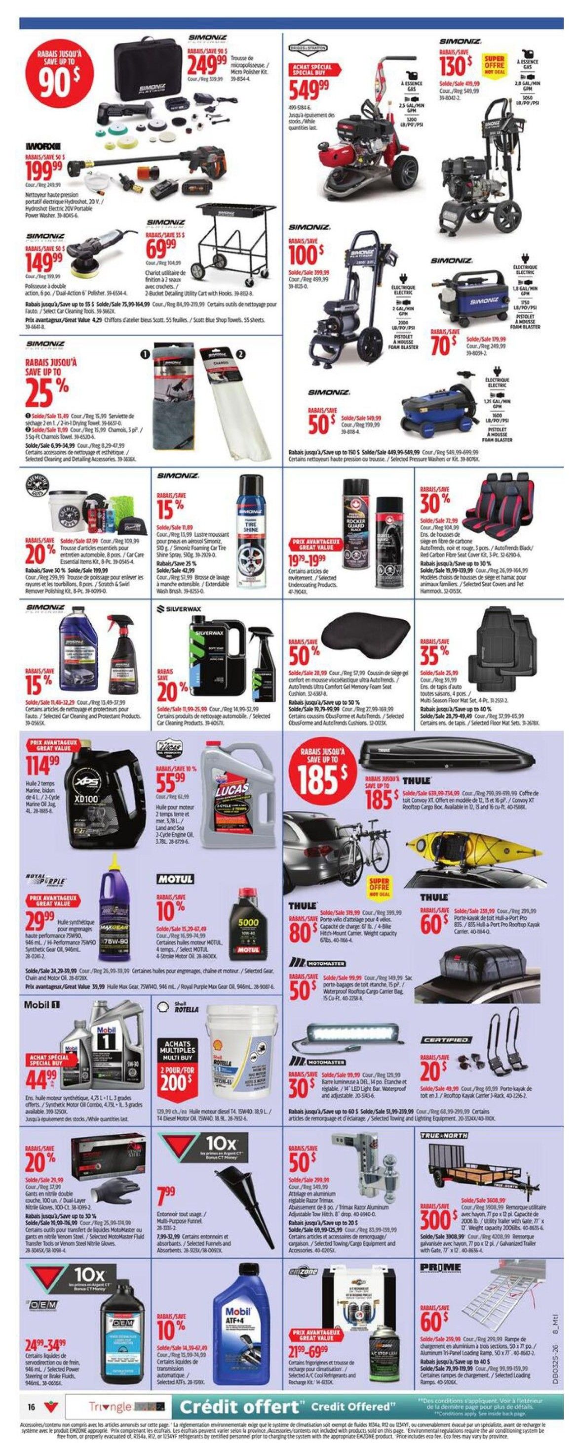 Canadian Tire flyer page 18 featuring automotive and outdoor equipment. Highlights include a Simonz polishing kit for $249.99, an IWORX pressure washer for $199.99, and a Simonz polisher for $149.99. Also featured are various Simonz cleaning and detailing accessories, including a car wash mitt set for $55.99. Other deals include Simonz car seat covers starting at $72.99, a Simonz tire shine spray for $15.99, and Silverwax car cleaning products at 20% off. Automotive fluids are on sale, with Motul 5000 oil for $10.99 and Mobil 1 synthetic oil for $44.99. Thule cargo boxes are available starting at $185, and Thule kayak carriers are $80. Motomaster LED light bars are 30% off, and trailer hitches are 50% off. Several other automotive accessories, cleaning supplies, and outdoor gear are also displayed with their prices and savings.