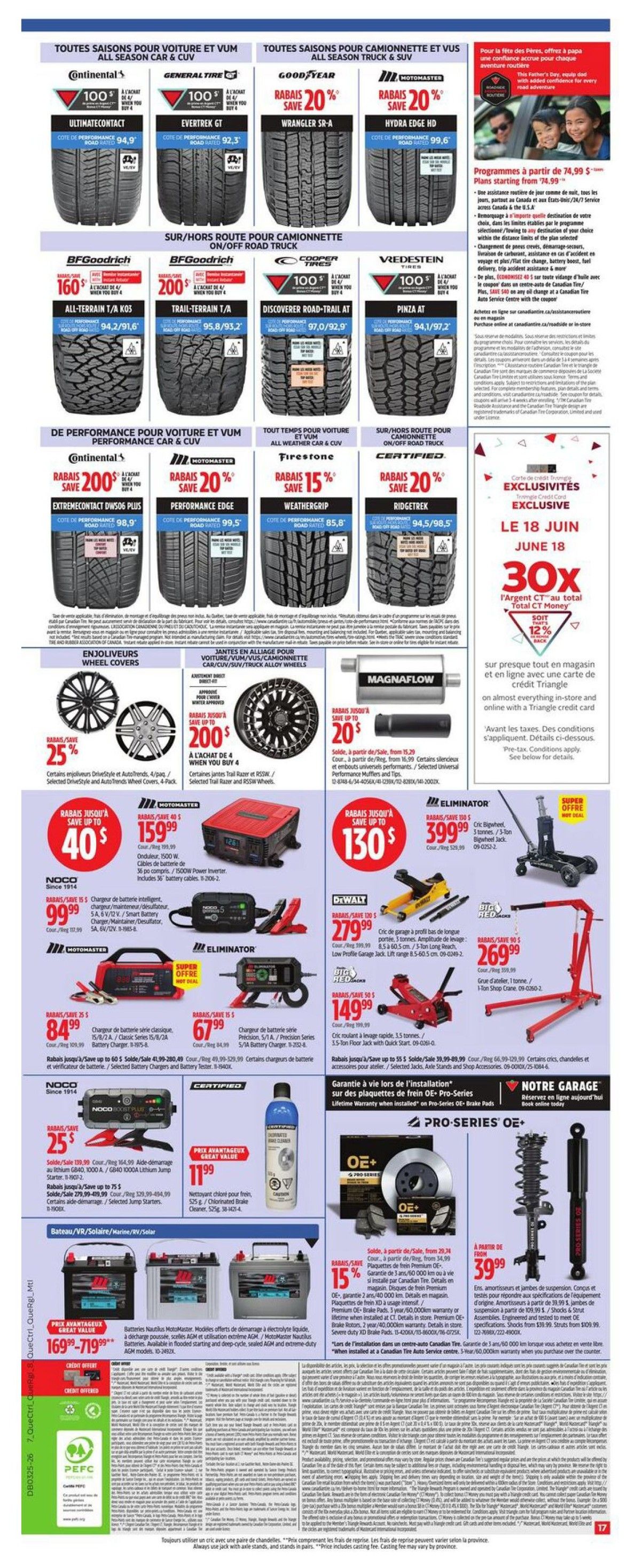 Canadian Tire flyer page 19 features a wide selection of tires for cars, trucks, and SUVs. All-season tires include Continental UltimateContact starting at $100, General Tire Evertrek GT at $92.3, Goodyear Wrangler SR-A with 20% savings, and Motomaster Hydra Edge HD with 20% savings. On/off-road truck tires include BFGoodrich All-Terrain T/A KO3 for $160, BFGoodrich Trail-Terrain T/A for $200, Cooper Discoverer Road-Trail AT, and Vedestein Pinza AT, both with $100 savings when you buy 4. Performance tires include Continental ExtremeContact DW506 Plus with $200 savings, Motomaster Performance Edge with 20% savings, Firestone Weathergrip with 15% savings, and Ridgestone with 20% savings. Also featured are Enjoliveurs DriveStyle and AutoTrends wheel covers with 25% savings, and Jantes in allage for vehicles with up to $200 savings. Battery and charging solutions include Motomaster Eliminator battery chargers with savings up to $40, $130, and $15, DeWalt battery chargers starting at $279.99, and Motomaster battery chargers starting at $84.99. NOCO Boost Plus jump starters are available for $25. Other automotive products include a 3-ton Big Red floor jack for $269.99, a 3.5-ton floor jack for $149.99, and OE+ Pro Series shocks starting at $39.99. Nautilux batteries are on sale for $169.99-$719.99. Additionally, there is a 15% discount on OE+ brake pads. The page also highlights a Father's Day promotion with programs starting from $74.99 and a 30x total CT Money offer with a Triangle credit card from June 18th. Lifetime warranty on OE+ Pro Series brake pads is also advertised.