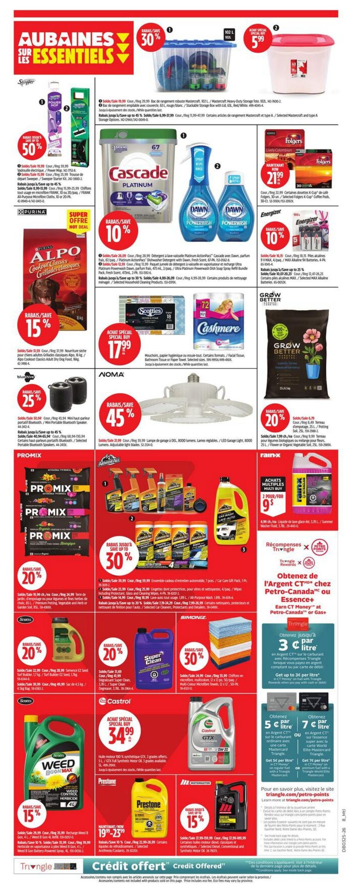 Canadian Tire flyer page 20 featuring 'Essential Savings' with various deals. Highlights include a 102 L Mastercraft Heavy-Duty Storage Tote for $5.99, Swiffer Power Mop and Wet Cloths with up to 50% savings, Alpo Cookout Classics Adult Dry Dog Food at 15% off, and blue hive Bluetooth mini portable speakers at 25% off. Also featured are Cascade Platinum dish detergent, Dawn Powerwash spray refills, and Energizer AA batteries with 10% off. Scotties facial tissue and Cashmere bathroom tissue are on special buy for $17.99. Grow Better Organic Potting Mix is 20% off. Promix garden soil and fertilizers are 20% off. Armor All car care products, including car wash and cleaning wipes, are 30% off. Rain-X car wash soap is 2 for $9. Scott's Weed B Gon Max herbicide is 15% off. Prestone antifreeze/coolant is on sale. Castrol GTX 5W-20 Synthetic Motor Oil is a special buy at $34.99. Simoniz microfiber cloths are 30% off. Super Clean Degreaser is 20% off. Motomaster Diesel, Conventional, and Synthetic Motor Oil are 15% off. The page also promotes earning CT Money at Petro-Canada or Gas+ with a Triangle Mastercard and earning 3¢ per litre on fuel with Triangle Rewards.