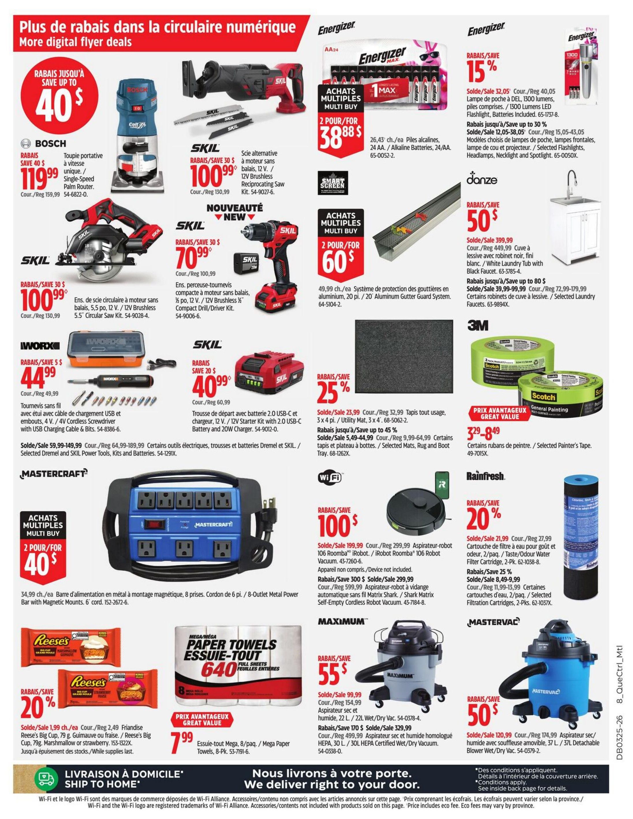 Canadian Tire flyer page 22 featuring various deals. Top row includes a Bosch Single-Speed Palm Router for $119.99 (save $40), a SKIL 12V Brushless Reciprocating Saw Kit for $100.99 (save $30), and Energizer AA/AAA Alkaline Batteries, 24-pack, for $38.88 for 2 packs (multi-buy deal). Below that, a SKIL 5.5' Circular Saw Kit is $100.99 (save $30), a SKIL 12V Brushless Compact Drill/Driver Kit is $70.99 (save $30), and Energizer LED Flashlights are 15% off, starting at $32.05. The middle section shows an iWORK's Cordless Screwdriver for $44.99 (save $5), a SKIL 12V Starter Kit with 2.0 USB-C Battery and 20W Charger for $40.99 (save $20), and a Danze White Laundry Tub with Black Faucet for $399.99 (save $50). Also featured are Scotch Painter's Tape for a great value at $3.29-$8.49. The bottom section highlights a Mastercraft 8-Outlet Metal Power Bar for $40 for 2 (multi-buy deal), Reese's Big Cup Peanut Butter Cups, 79g, for $1.99 (save 20%), and 640 Mega/Mega Paper Towels for $7.99. Additionally, there's a Maximum Wet/Dry Vacuum for $55.99 (save $44) and a Mastervac Wet/Dry Vacuum for $50.99 (save $70). A Rainfresh Water Filter Cartridge is 20% off, starting at $21.99, and selected mats, rugs, and boot trays are up to 45% off.