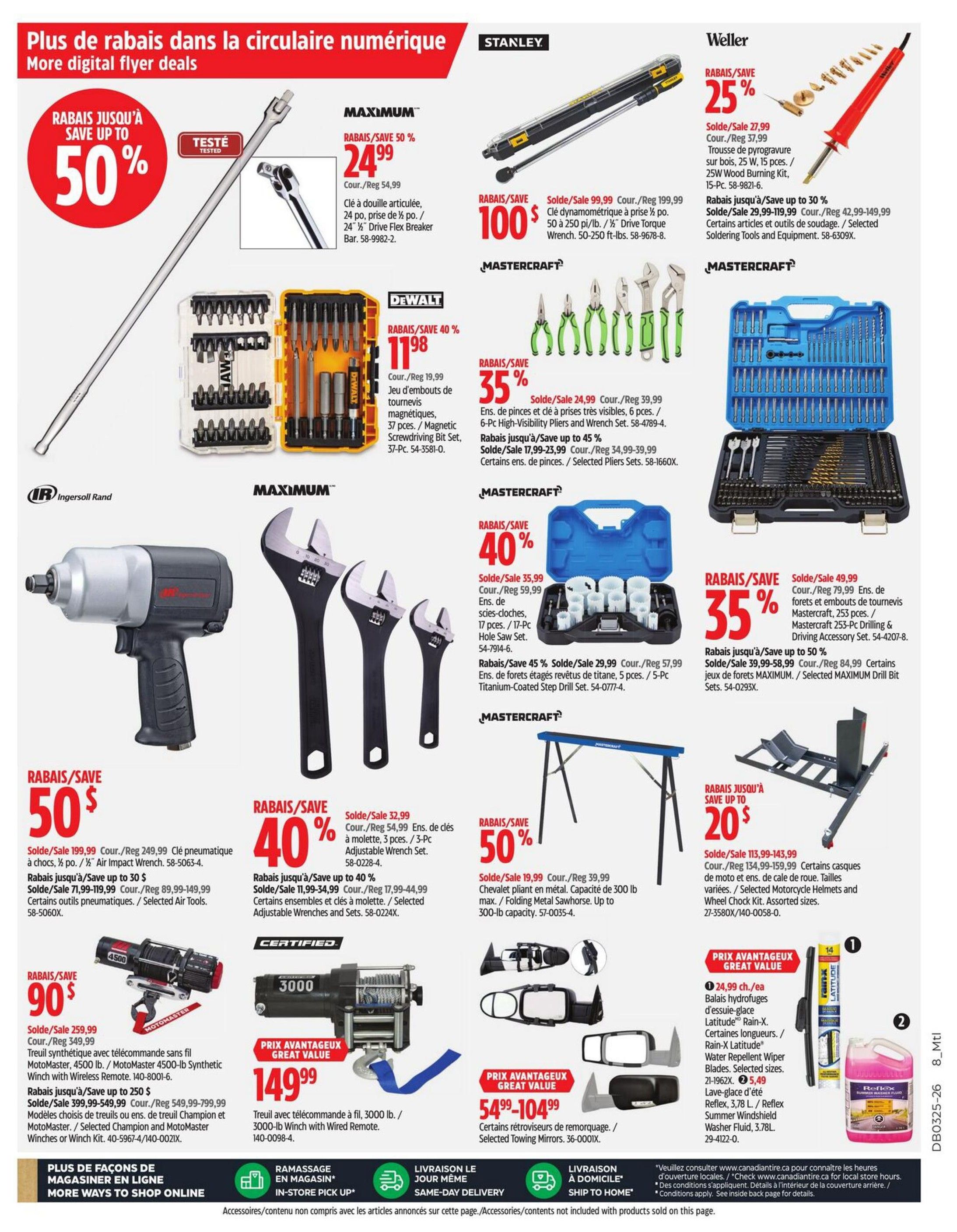 Canadian Tire flyer page 23 featuring various tools and automotive accessories. Deals include a MAXIMUM 50% off articulated flex breaker bar for $24.99, a DEWALT 40% off magnetic screwdriver bit set for $11.98, and a STANLEY 50% off drive torque wrench for $100. Mastercraft offers a 35% discount on a 6-pc high-visibility pliers and wrench set for $24.99, and a 45% discount on a 5-pc titanium-coated step drill bit set for $29.99. Also featured is a Mastercraft 40% off 17-pc hole saw set for $35.99. Ingersoll Rand offers 50% off an air impact wrench for $199.99. Other deals include a MAXIMUM 40% off adjustable wrench set for $32.99, a Mastercraft 50% off folding metal sawhorse for $19.99, and a Mastercraft 35% off 253-pc drill and driver accessory set for $49.99. Motomaster has a 90% off synthetic winch with wireless remote for $259.99. Certified offers a 3000 lb winch with wired remote for $149.99. Also available are selected towing mirrors for $54.99-$104.99, assorted motorcycle helmets and wheel chock kits for $113.99-$143.99, Latitude Rain-X wiper blades for $24.99 each, and Reflex summer windshield washer fluid for $5.49.
