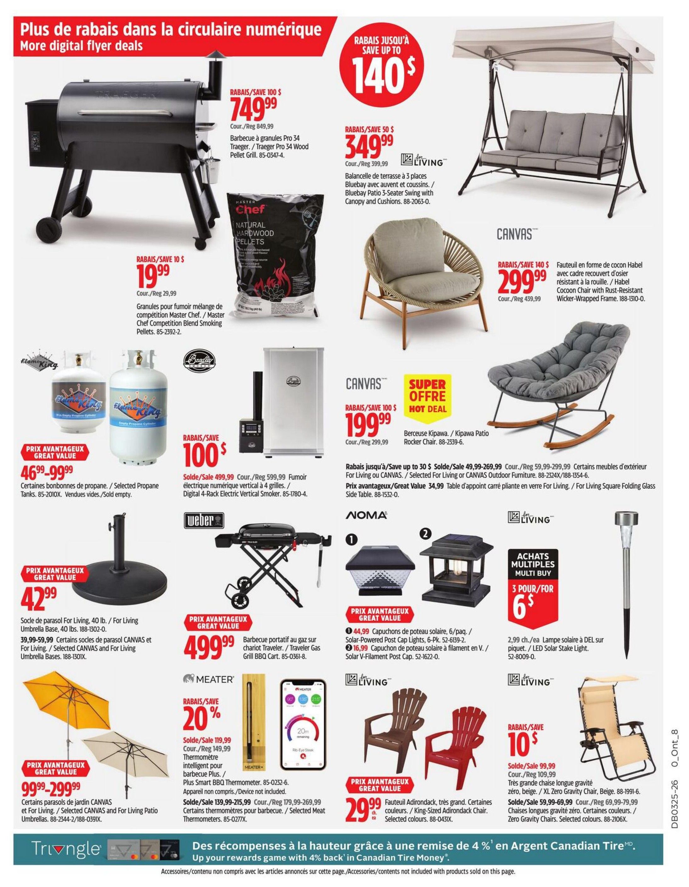 Canadian Tire flyer page 24 featuring outdoor and grilling items. Highlights include a Traeger Pro 34 Wood Pellet Grill for $749.99 (save $100), Master Chef Natural Hardwood Pellets for $19.99 (save $10), and a Bluebay Patio 3-Seater Swing with Canopy and Cushions for $349.99 (save $50). Also featured is a CANVAS Habel Cocoon Chair for $299.99 (save $140). Other deals include selected propane tanks for $46.99-$99.99, a Weber portable gas grill for $499.99, and a Bradley Digital 4-Rack Electric Vertical Smoker for $499.99 (save $100). For smaller items, there are selected CANVAS and For Living patio umbrella bases for $42.99, selected CANVAS and For Living patio umbrellas for $99.99-$299.99, a Meater Plus Smart BBQ Thermometer for $119.99 (save 20%), 6-pack solar-powered post cap lights for $44.99, and solar V-filament post cap lights for $16.99. Additionally, there's a DEL solar stake light for $2.99 each, a CANVAS Kipawa Patio Rocker Chair for $199.99 (save $100), selected outdoor furniture with up to $30 savings, and zero gravity chairs starting at $59.99 (save $10). The page also promotes earning 4% back in Canadian Tire Money on rewards.