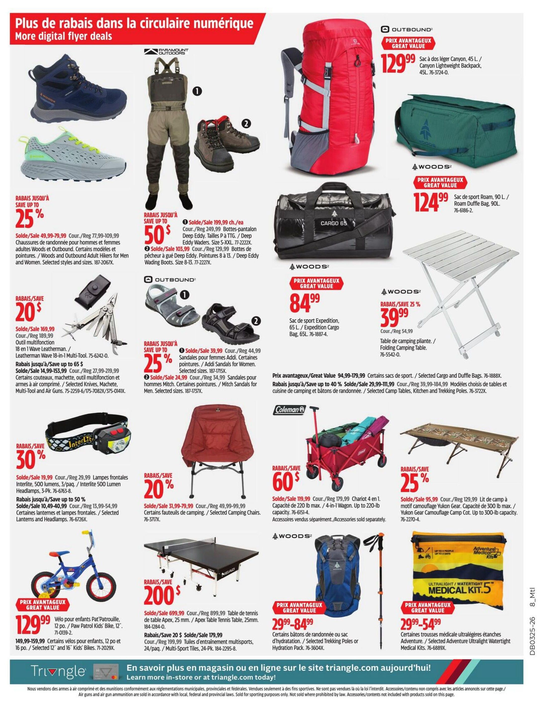 Page 25 of the Canadian Tire flyer features a variety of outdoor and camping gear. Deals include Woods and Outbound adult hikers on sale for $49.99-$79.99 (save up to 25%), Deep Eddy waders for $199.99 (save up to 50%) or $103.99 (save up to 65%), and Interlite 500 lumen headlamps for $19.99 (save 30%). Also featured are a 45L Canyon Lightweight Backpack for $129.99, a 90L Woods Roam Duffle Bag for $124.99, and a 65L Expedition Cargo Bag for $84.99. Camping furniture includes a folding camping table for $39.99 (save 25%), and selected camp tables, kitchen and trekking poles are on sale for $94.99-$179.99 (save up to 40%). A Coleman Chariot 4-in-1 wagon is $119.99 (save 60%). Other items include a Yukon Gear camouflage camp cot for $95.99 (save 25%), selected trekking poles or hydration packs for $29.99-$84.99, and Adventure Medical Kits for $29.99-$54.99. A Paw Patrol Kids' Bike is $129.99. A table tennis table is $699.99 (save 20%), with multi-sport tiles on sale for $179.99 (save 20%).