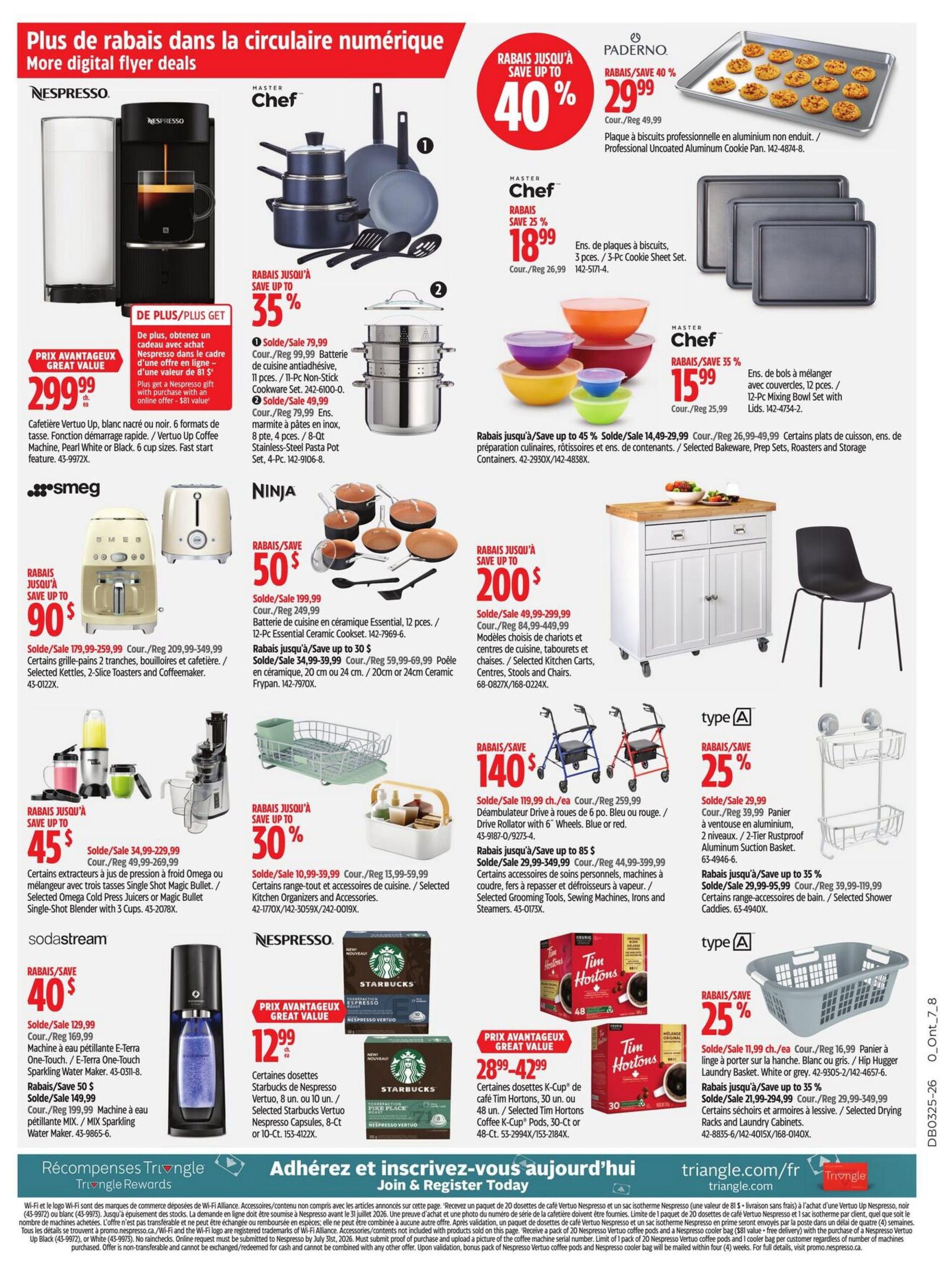 Page 27 of the Canadian Tire flyer features a variety of kitchenware and small appliances. On the left, a Nespresso Vertuo coffee machine is on sale for $299.99, with a bonus gift offer. Below it, a Smeg stand mixer is heavily discounted to $179.99 from $259.99, along with selected kettles, toasters, and a coffeemaker. A Sodastream E-Terra sparkling water maker is on sale for $129.99, and a MIX sparkling water maker for $149.99. In the centre, Master Chef cookware sets are featured, including an 11-piece non-stick set for $79.99 and an 8-qt stainless steel pasta pot set for $49.99. A Ninja 12-piece essential ceramic cookset is 50% off at $199.99, and a 20cm or 24cm ceramic frypan is on sale from $59.99-$69.99. Master Chef mixing bowls are $15.99. Paderno offers a professional uncoated aluminum cookie pan for $29.99. A large kitchen cart is on sale for $299.99-$449.99. A drive rollerator with 6' wheels is $119.99. A 2-tier rustproof aluminum suction basket is $16.99. Tim Hortons K-Cups are available in a 48-count for $28.99-$42.99 and a 30-count for $21.99-$29.99. Starbucks Vertuo capsules are $12.99. A Hugger Hip Hanger laundry basket is on sale for $11.99. Selected drying racks and laundry cabinets are on sale for $219.99-$349.99.