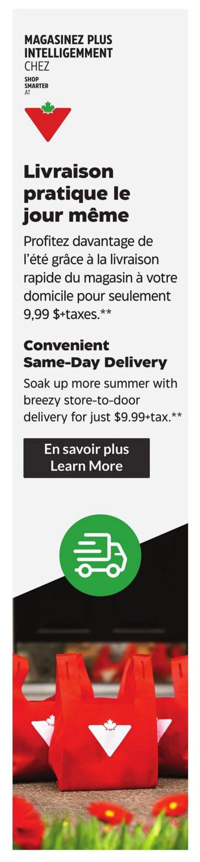 Canadian Tire flyer page 28 promoting convenient same-day delivery. The service offers store-to-door delivery for $9.99 plus tax. The page features the 'Shop Smarter At Canadian Tire' logo and a graphic of a delivery truck. Below the text, there are several red shopping bags with the Canadian Tire logo visible.