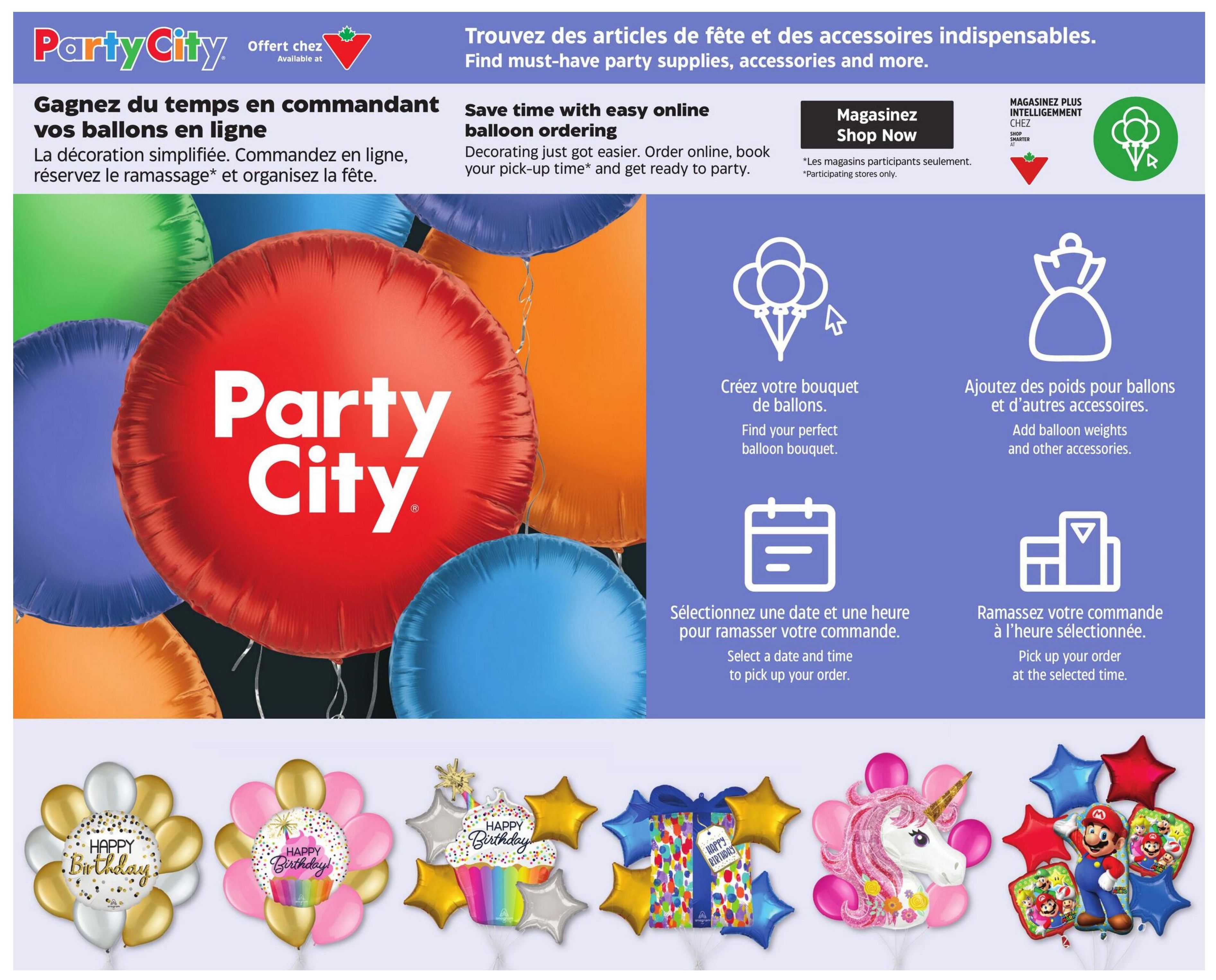 Party City flyer page 29, featuring a large 'Party City' logo balloon and various other balloons. The page highlights online balloon ordering with options to create a balloon bouquet, select a pick-up date and time, and add balloon weights and accessories. Featured balloon arrangements include 'Happy Birthday' balloons with cupcakes and stars, a gift-shaped balloon arrangement, a unicorn balloon, and a Super Mario themed balloon bouquet with stars. The text promotes saving time with easy online balloon ordering and picking up orders at participating stores.